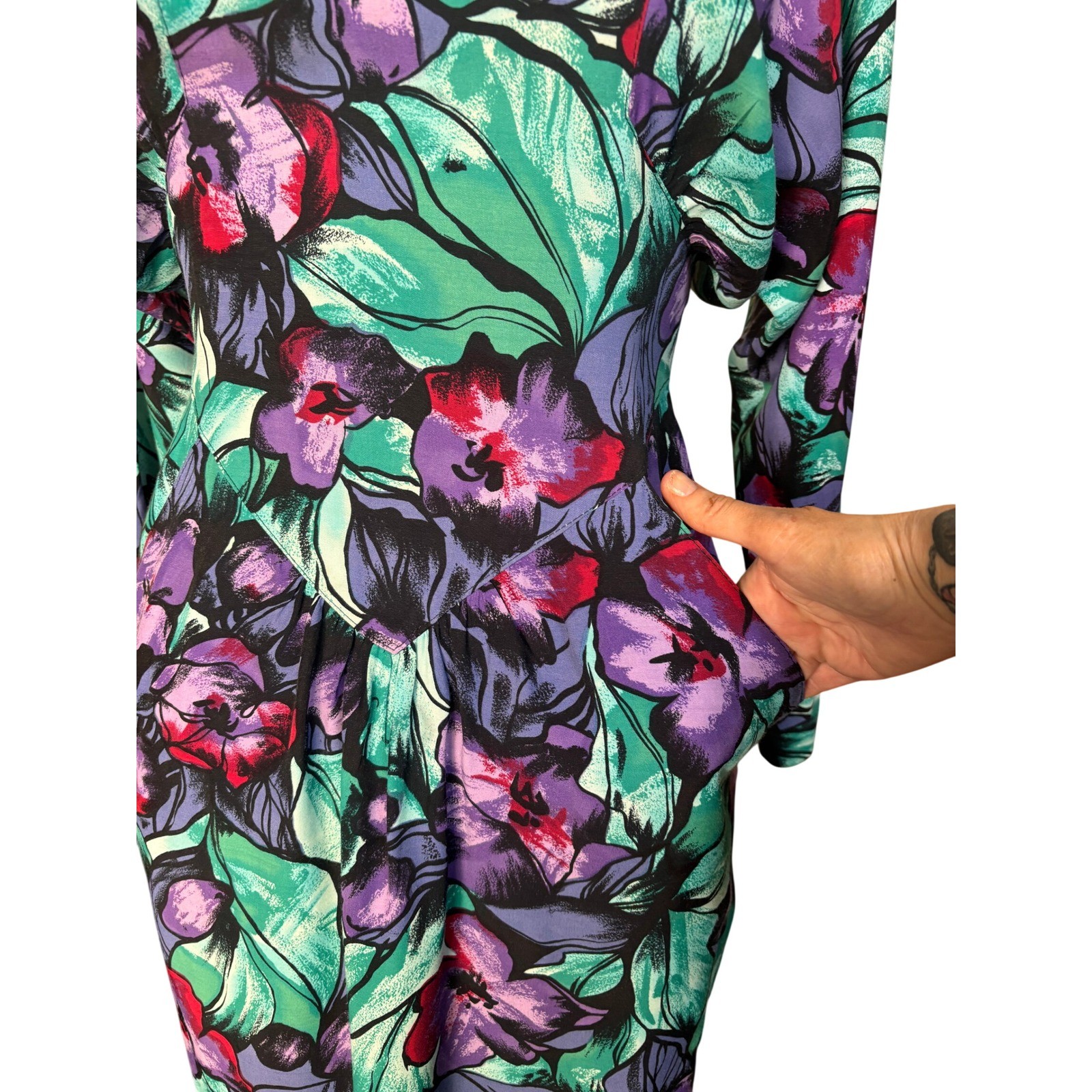 80s Floral Dolman Sleeve April Rain Dress M Teal Purple Multi Vintage