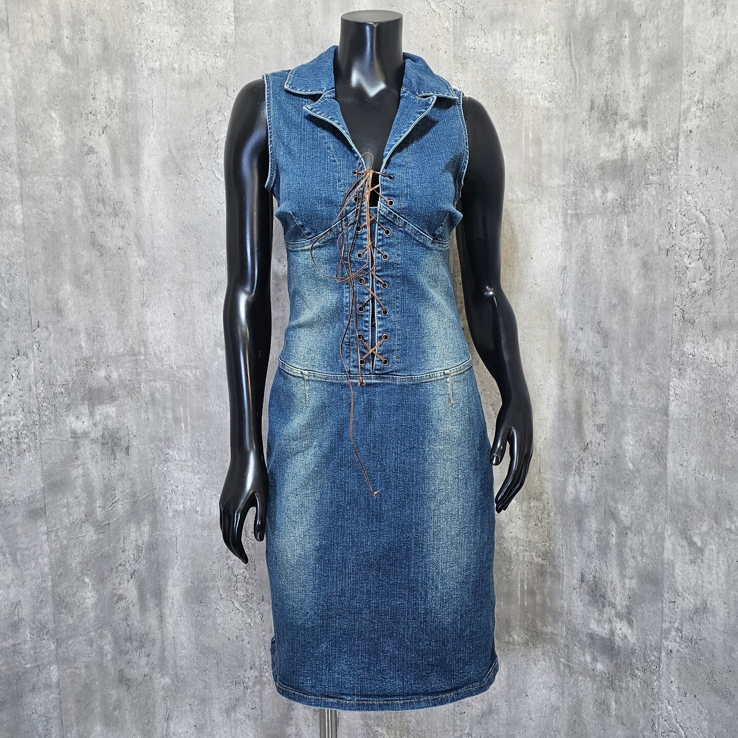 Vintage 90s Y2K Hotkiss Womens M Denim Sleeveless Lace Up Dress Collared