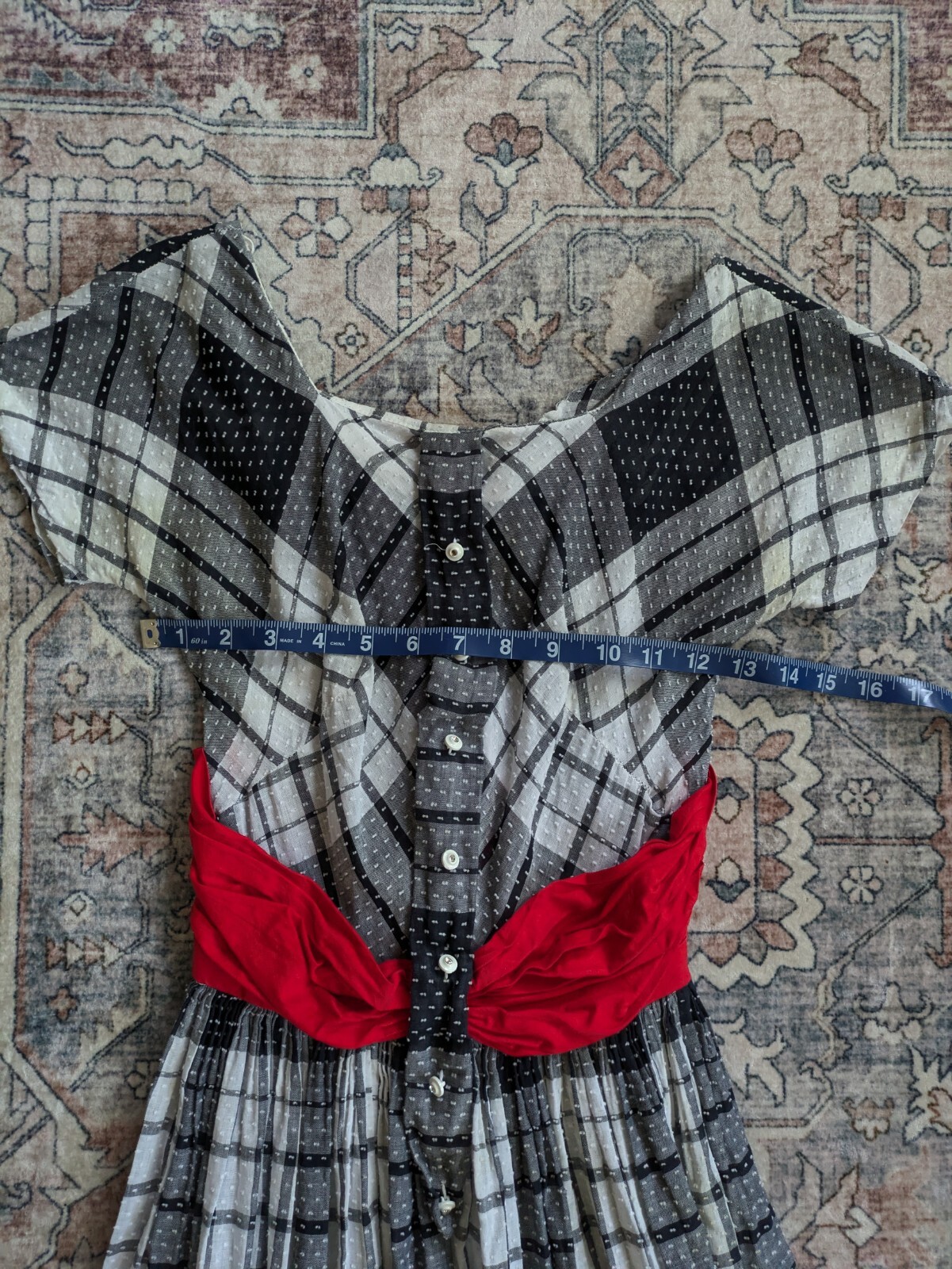 Vintage 1950s Lana Lobell Plaid Dress Red Scarf Waist Short Sleeve