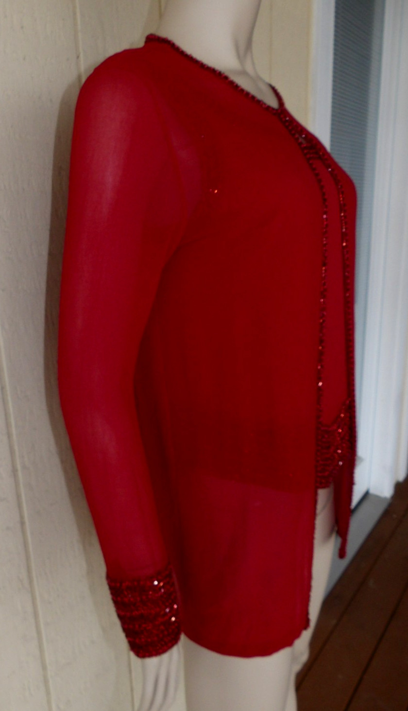 JKARA New York 8 M Cardigan Topper Jacket Tank Top Red Sheer Beaded Vtg 90s Retr