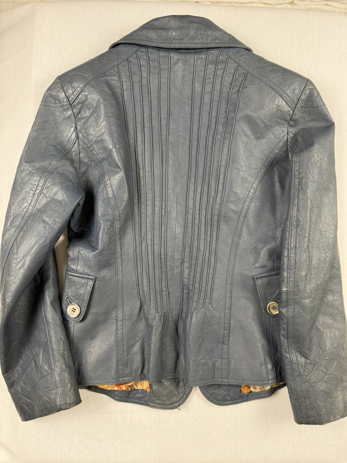 Vintage Wilsons Leather Pintuck Blazer Jacket Small Blue Charcoal Paisley Lined