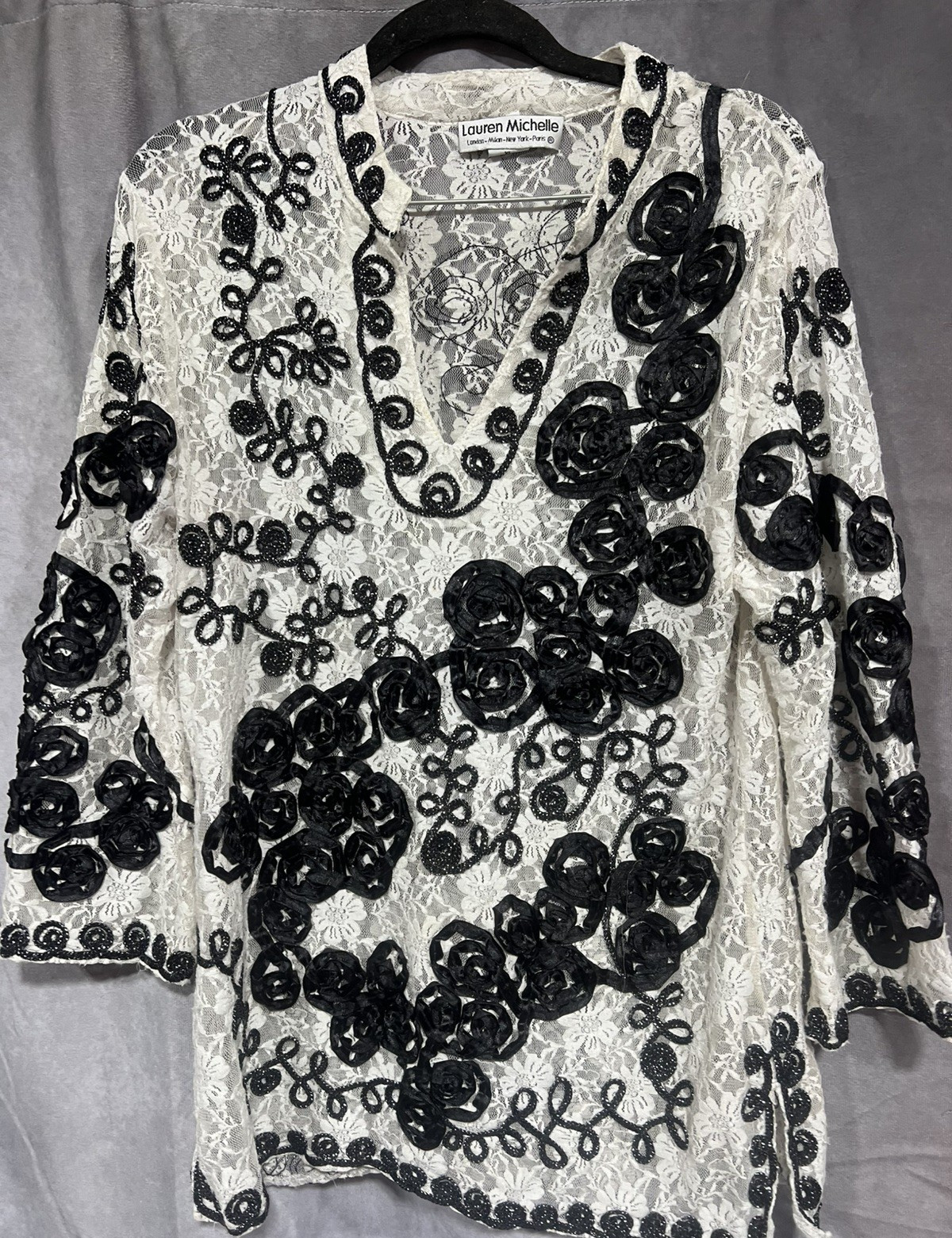 Lauren Michelle White Lace Top Black Ribbon Roses Soutache Metallic Embellished