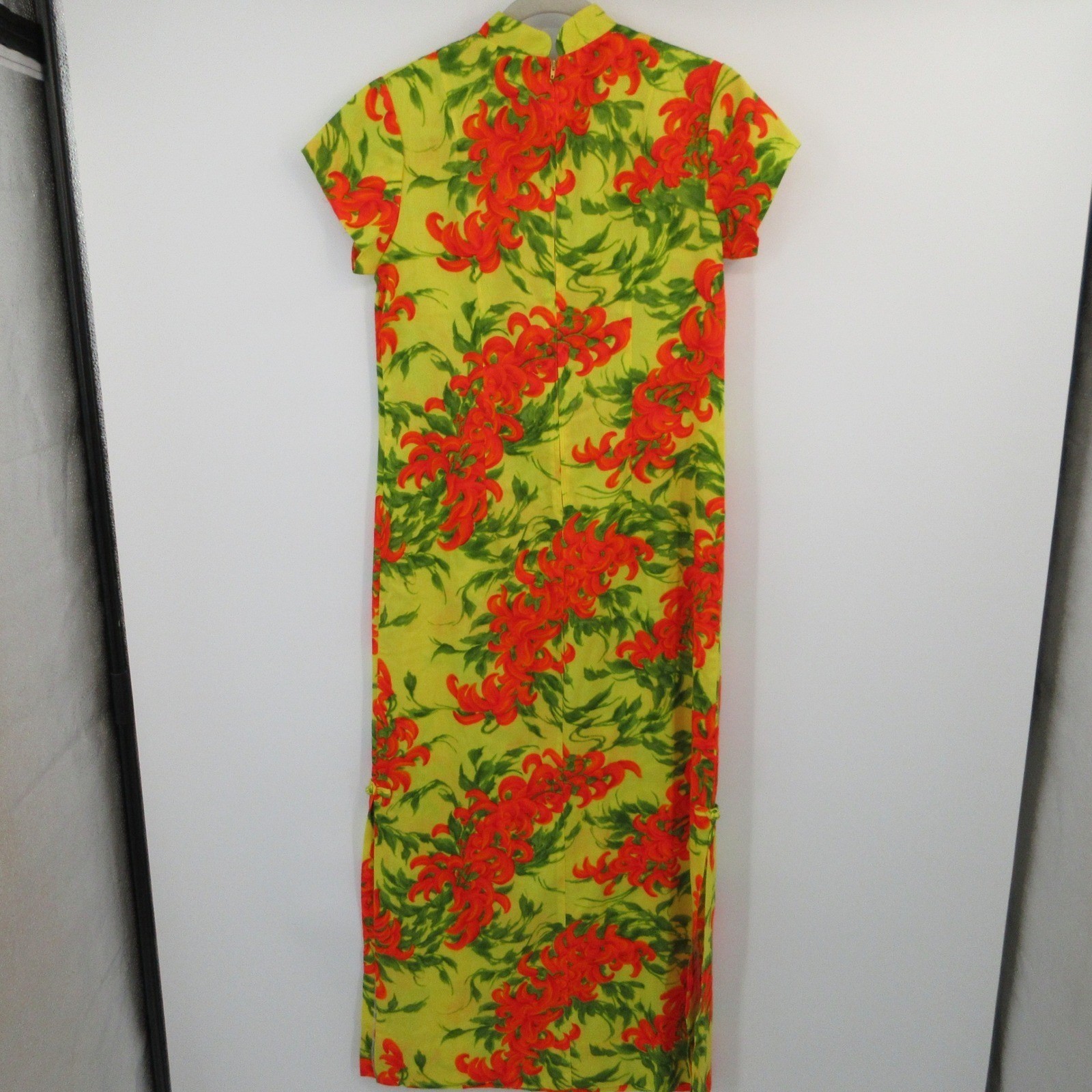 Vintage Andrade Honolulu Cheongsam Maxi Dress Yellow Floral Frog Closure Sz 14