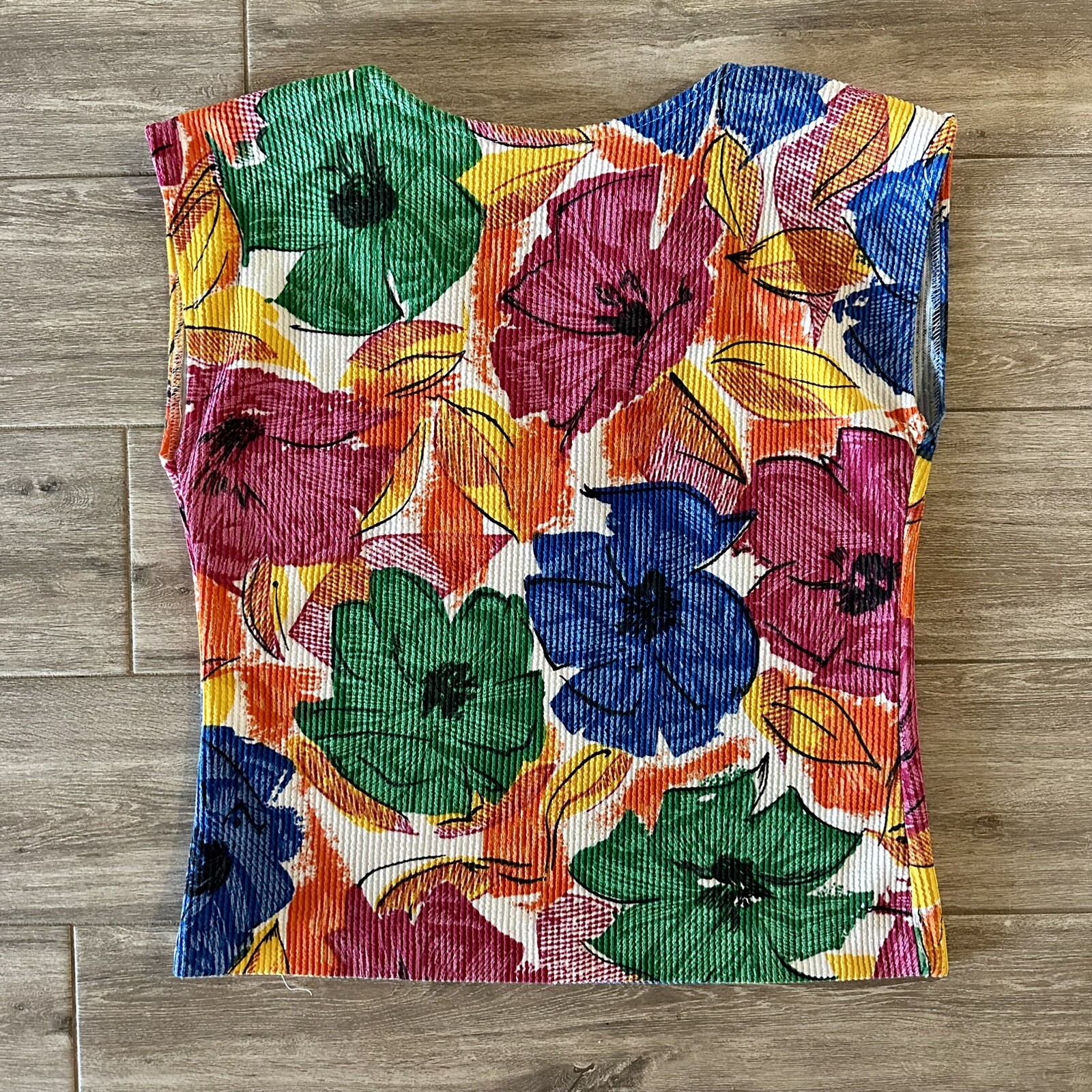 VTG 70’S IRRESISTIBLE II TROPICAL COLORFUL FLORAL PRINT CAP SLEEVE TOP S-M