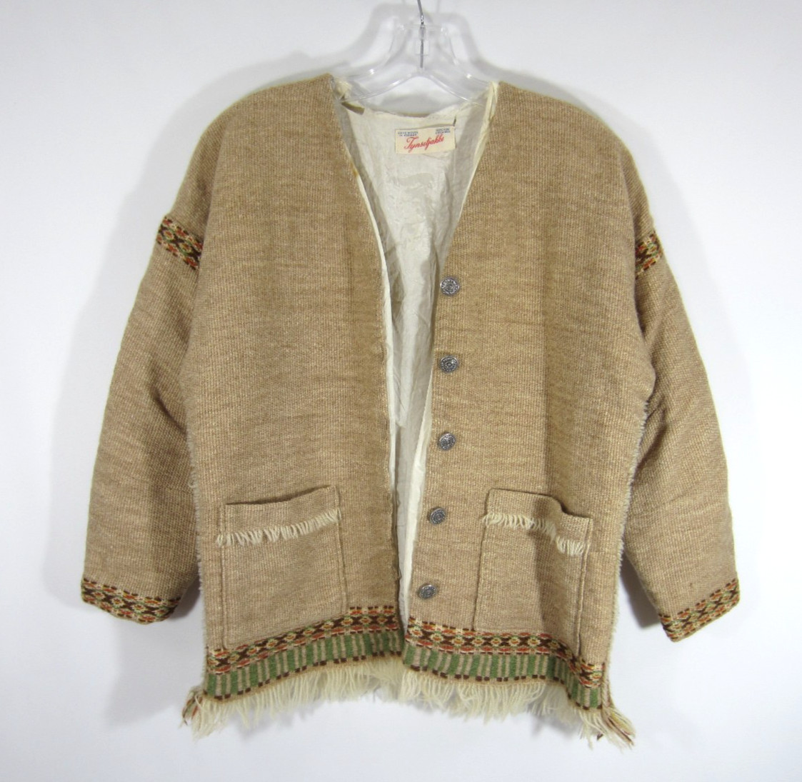 Norwegian VTG 60s Rural Folk Wool Cardigan Jacket Sweater Women Fringe MED