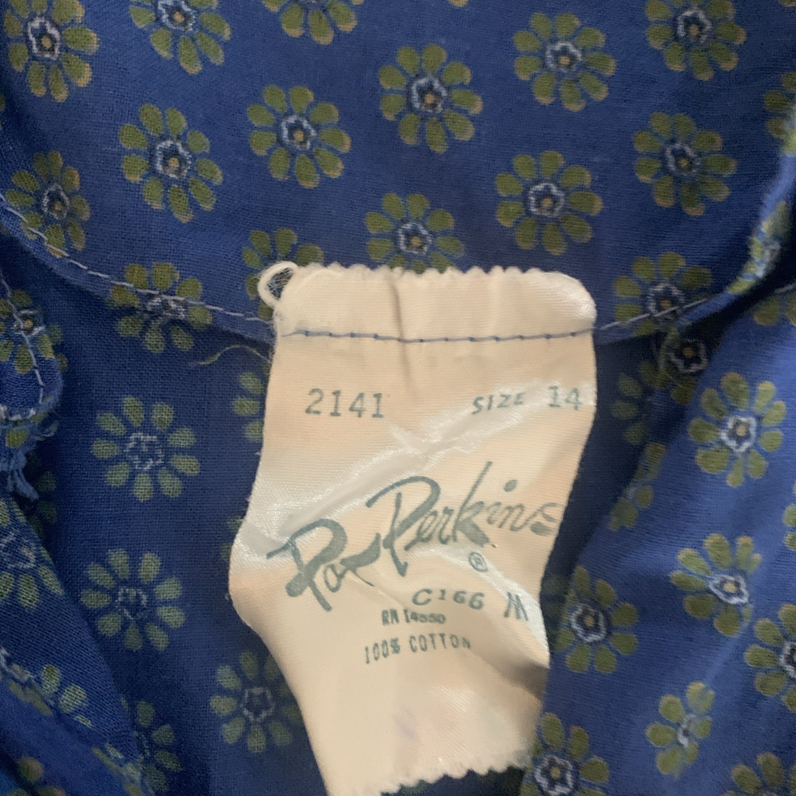 VTG 50s? Pat Perkins House Dress Blue Green Flowers Size 14 (Small)