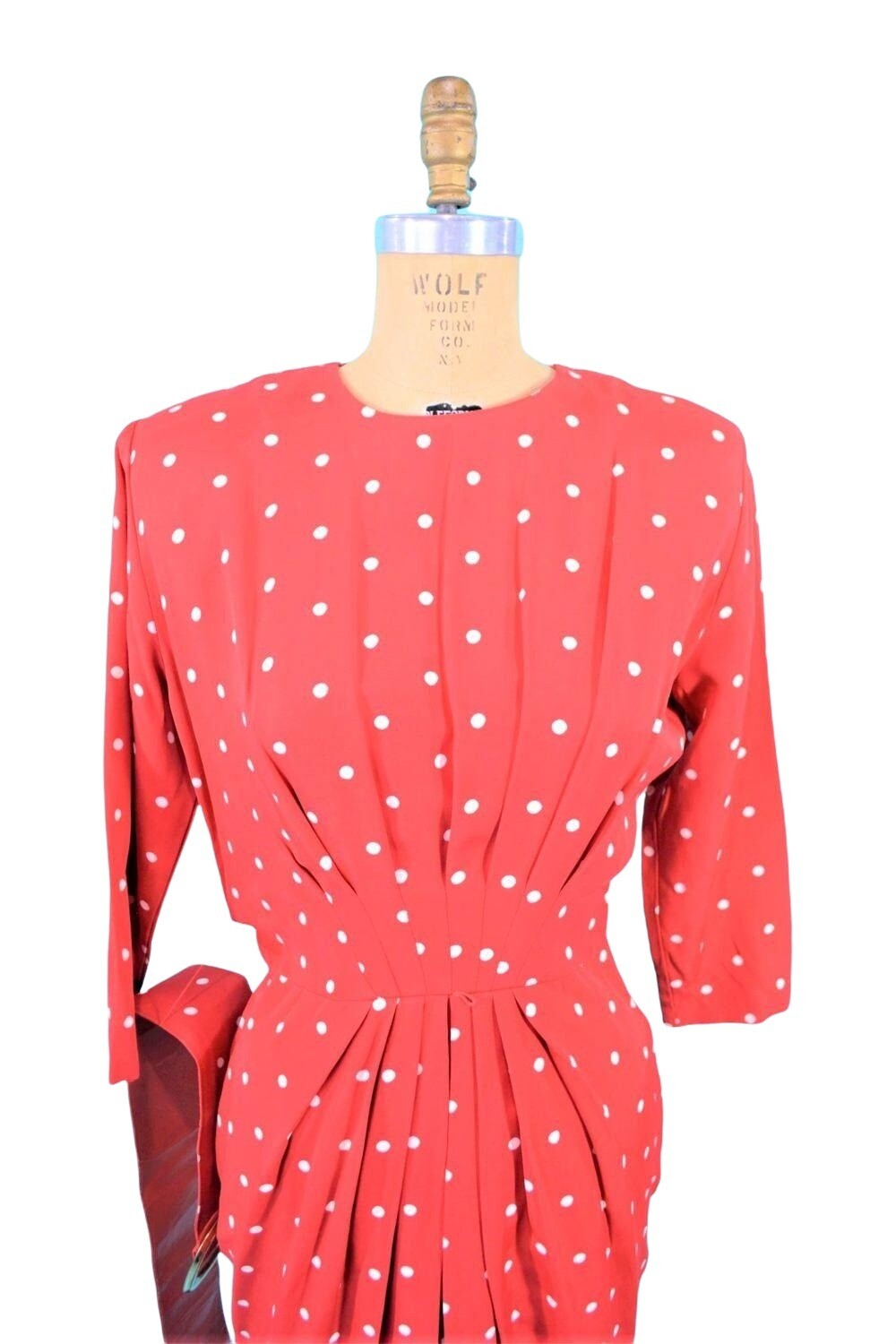 Vintage 1980s Wiggle Dress 50s Style Red Polka Dot Pinup Hourglass W 27″