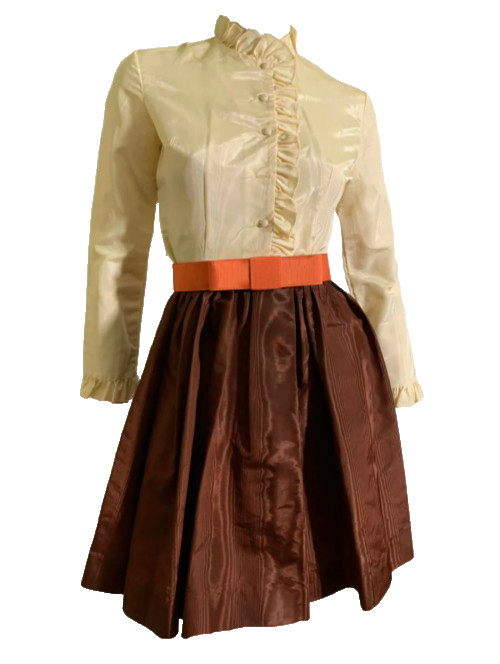 True Vintage 1970s Cocoa and Ivory Moire Taffeta Dress Orange Belt