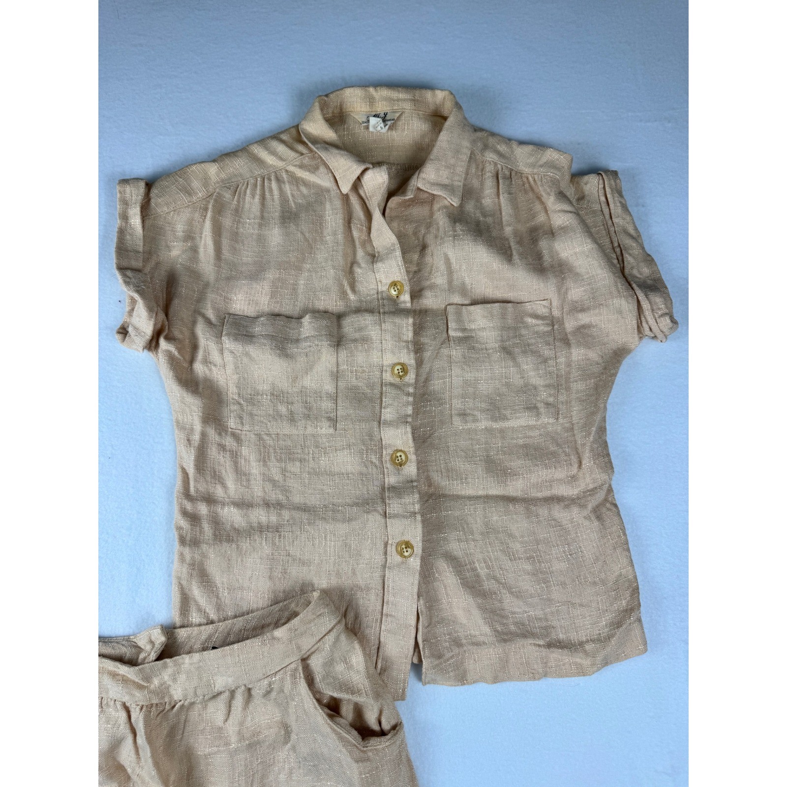 Vintage 70’s Linen Blend Neutral Two Piece Skirt Set Tan Short Sleeve Top Midi