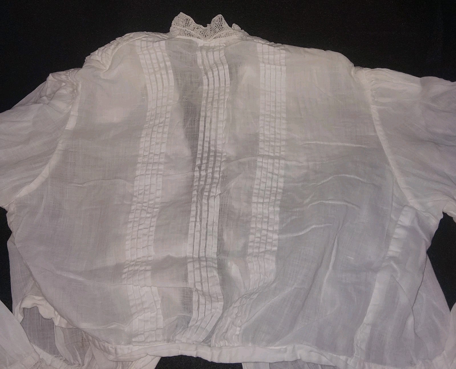 Antique White Victorian Lace Pintuck Blouse High Neck Button Back
