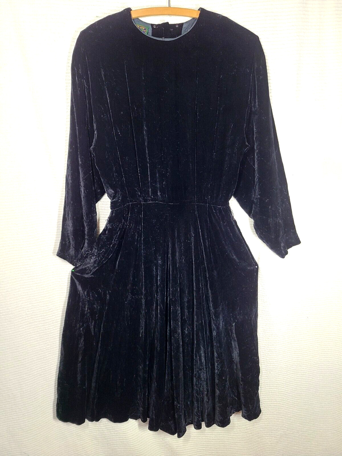 Vtg 90s Velvet Bias Dress Black Silk Rayon Velour Drapey Skirt Button Back 8 M