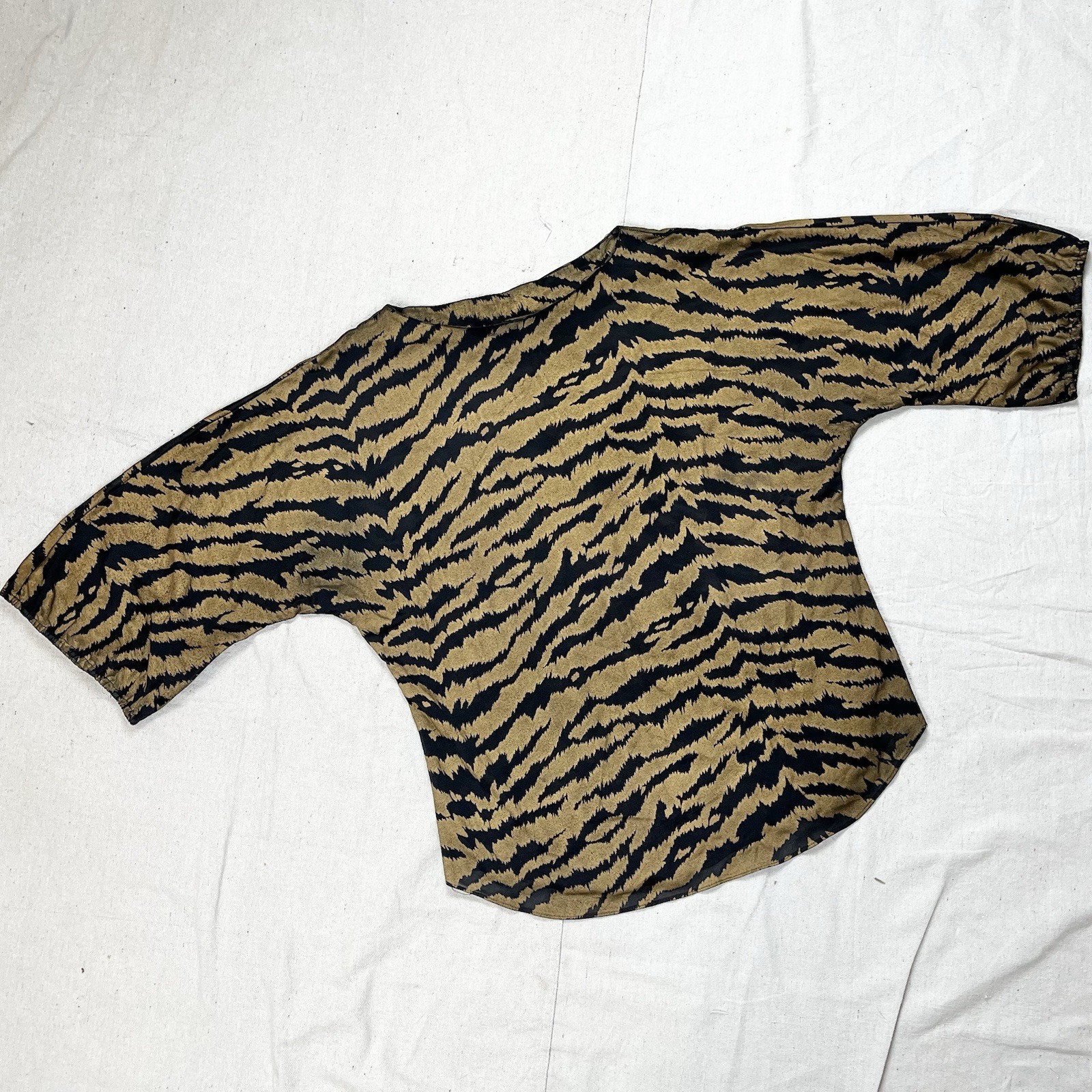 Vintage 70s 80s California Connections Black Gold Semi Sheer Tiger Print Top Med