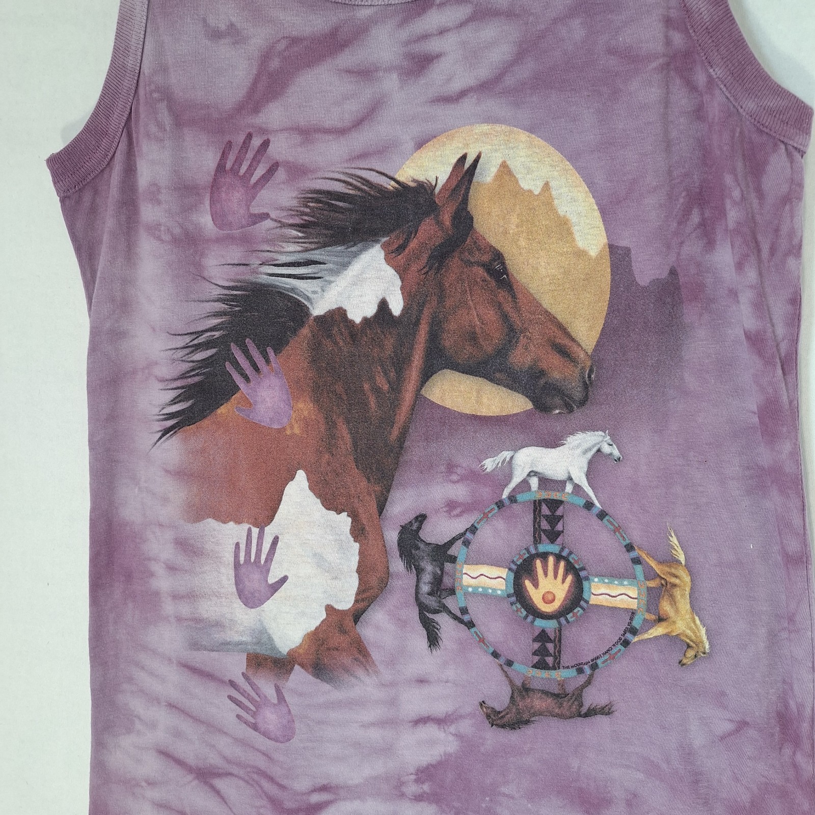 Vtg 90s The Mountain T Shirt Dress M Sleeveless Horses Boho Tye-Dye Purple