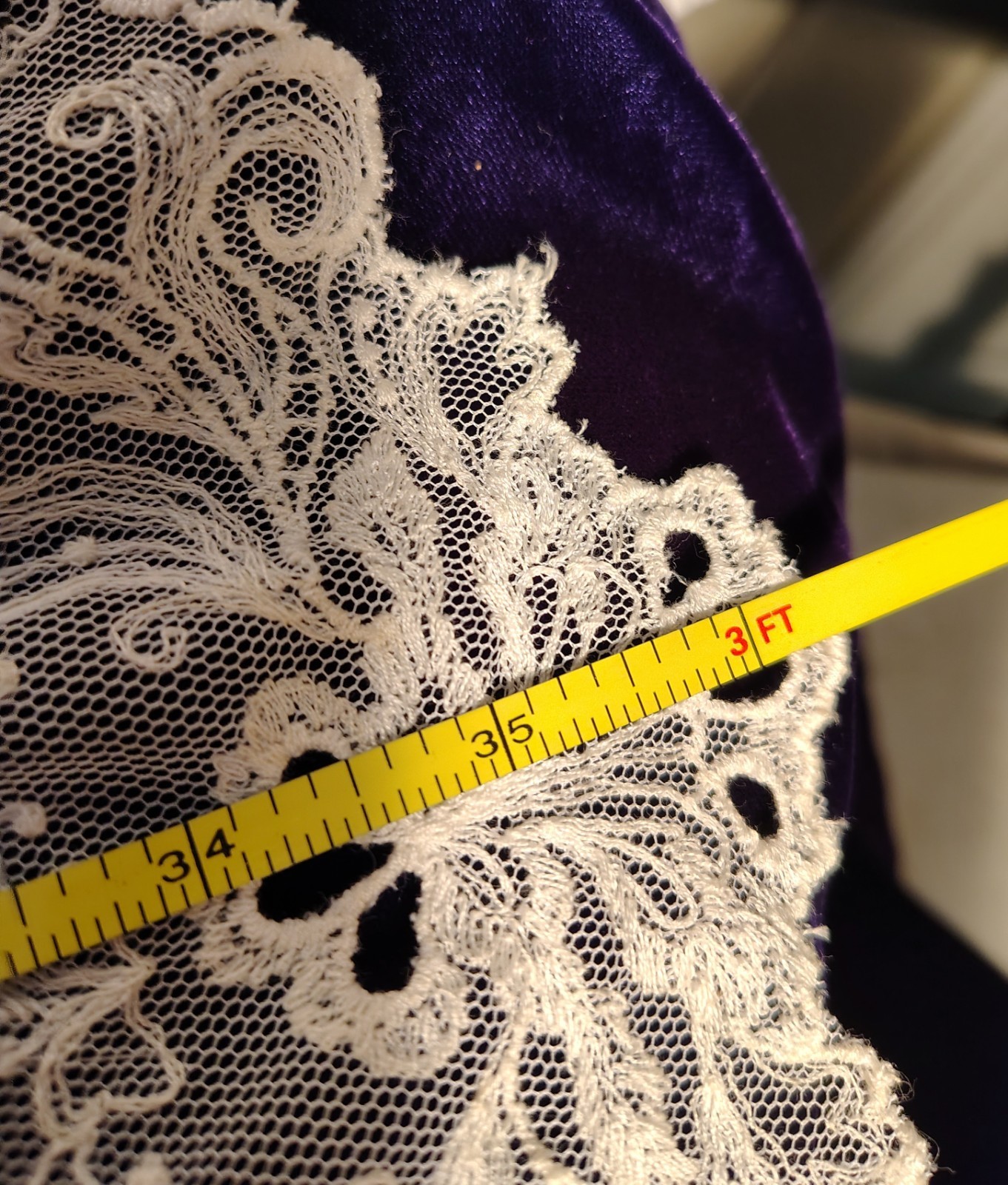 Vintage Lappet Scarf 36″ Ivory Net Lace Machine Embroidered Rectangle Runner