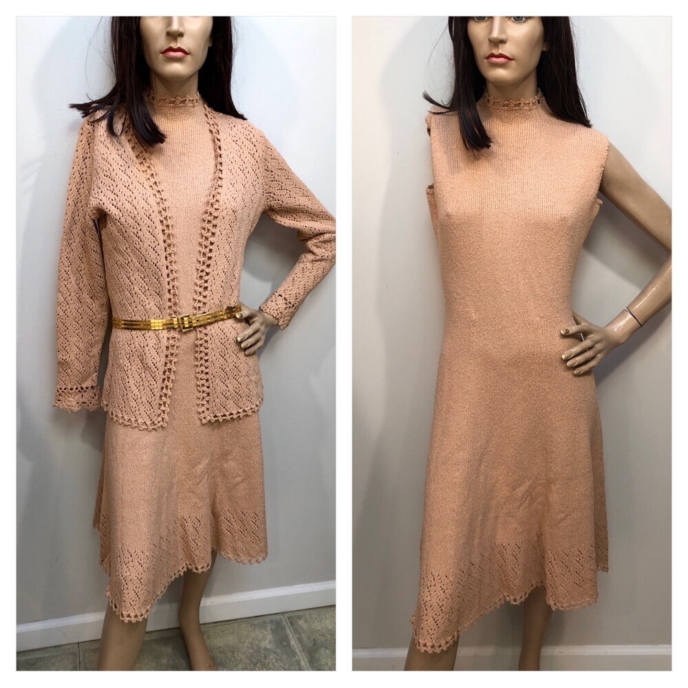 VTG 1970s Cotton *KNIT SWEATER DRESS & Matching JACKET* Sz-S Buy-Now