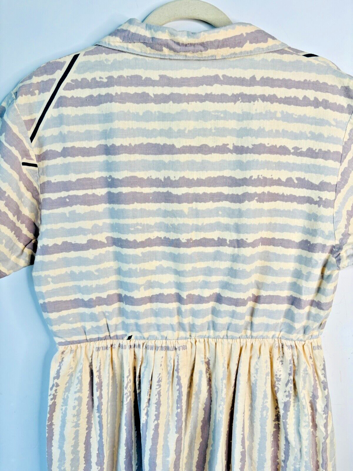 VTG 50’S UNIQUE!!HANDMADE OFF WHITE&BLUE PURPLE STRIPED PLEATED BUTTON DRESS*M