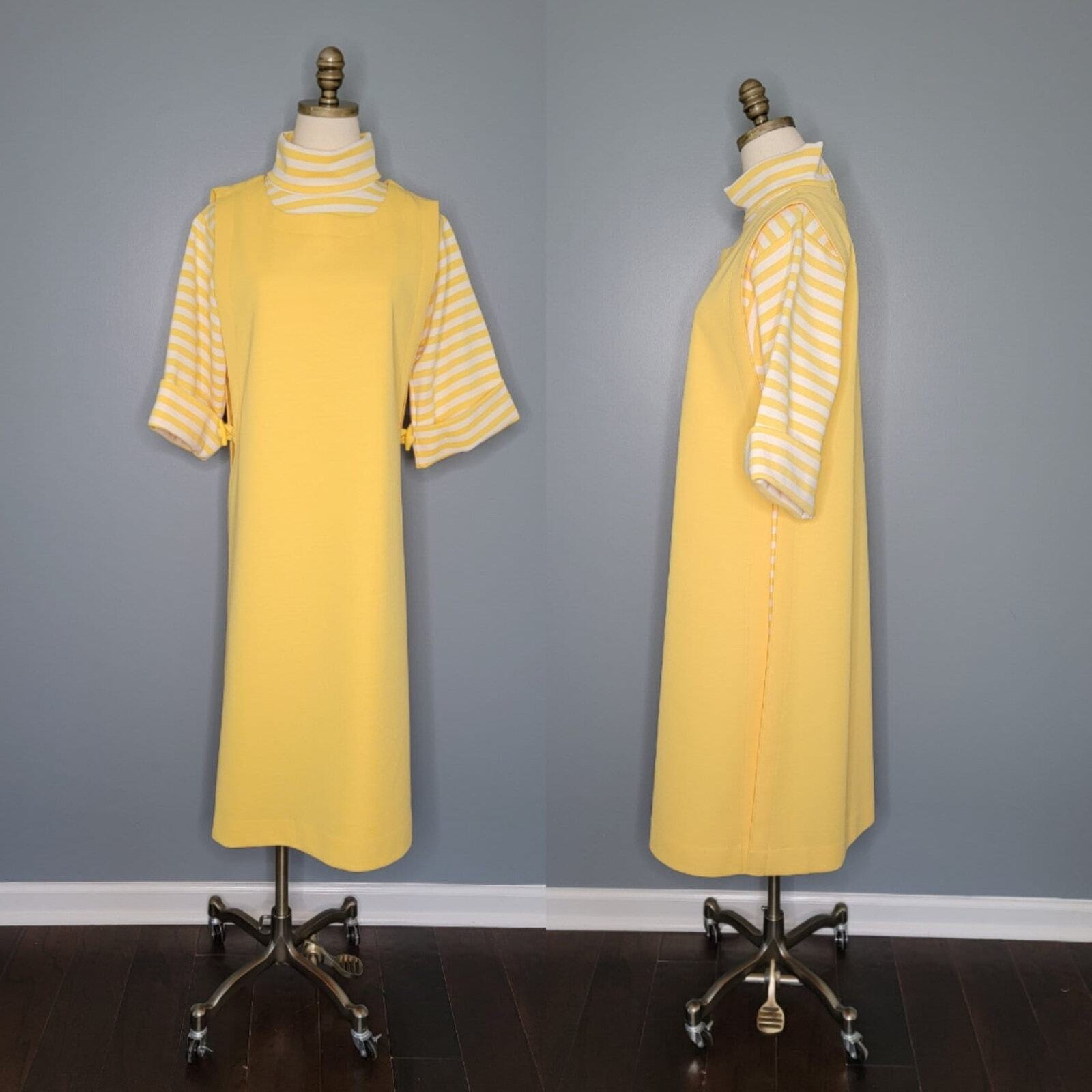 1970s Yellow Butte Knit Yellow and White Striped Dress with Yellow Pinafore
