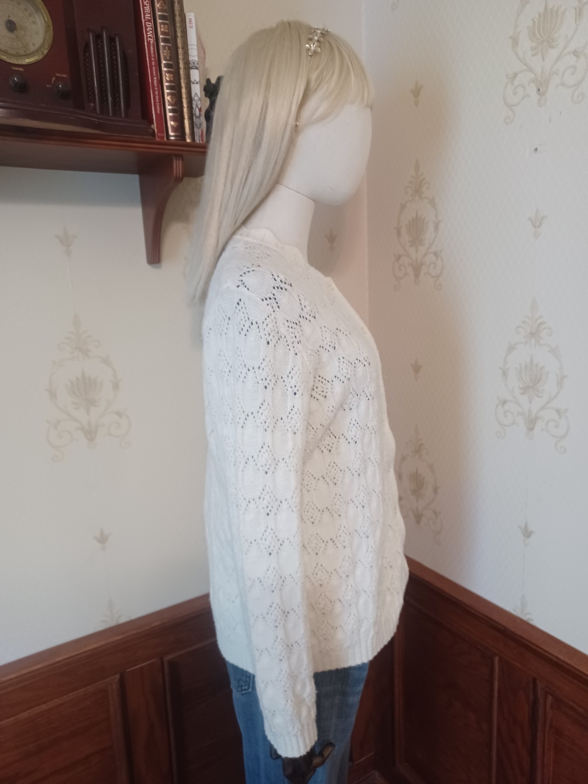 Vintage 1960s/1970s Kenneth Too Ivory-Colored Open Knit Sweater Girl Cardigan