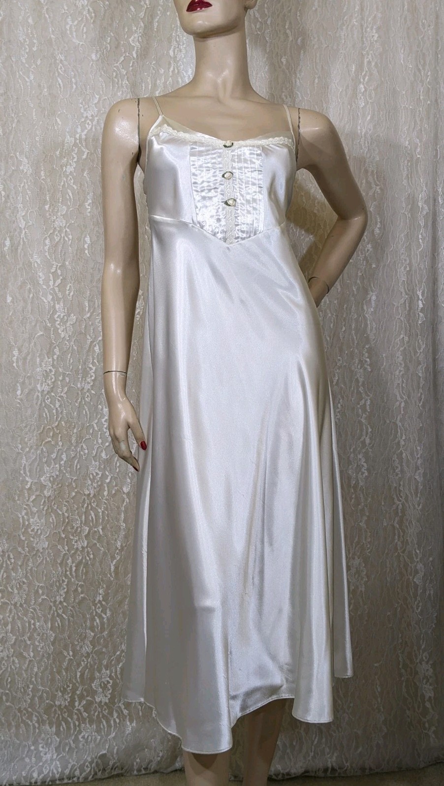 Vintage Val Mode Ivory Shiny Lingerie Dress Roses Lace Tiny Pleats M