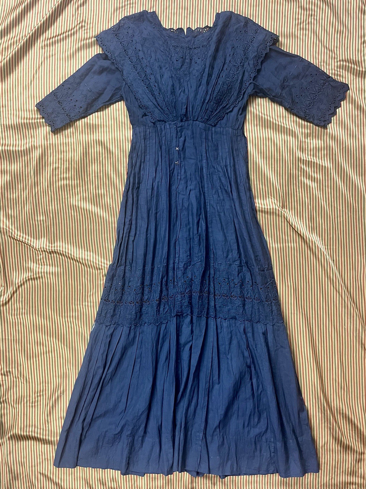Antique Edwardian Black Cotton Dress Embroidered Eyelet Lace Sz XXS