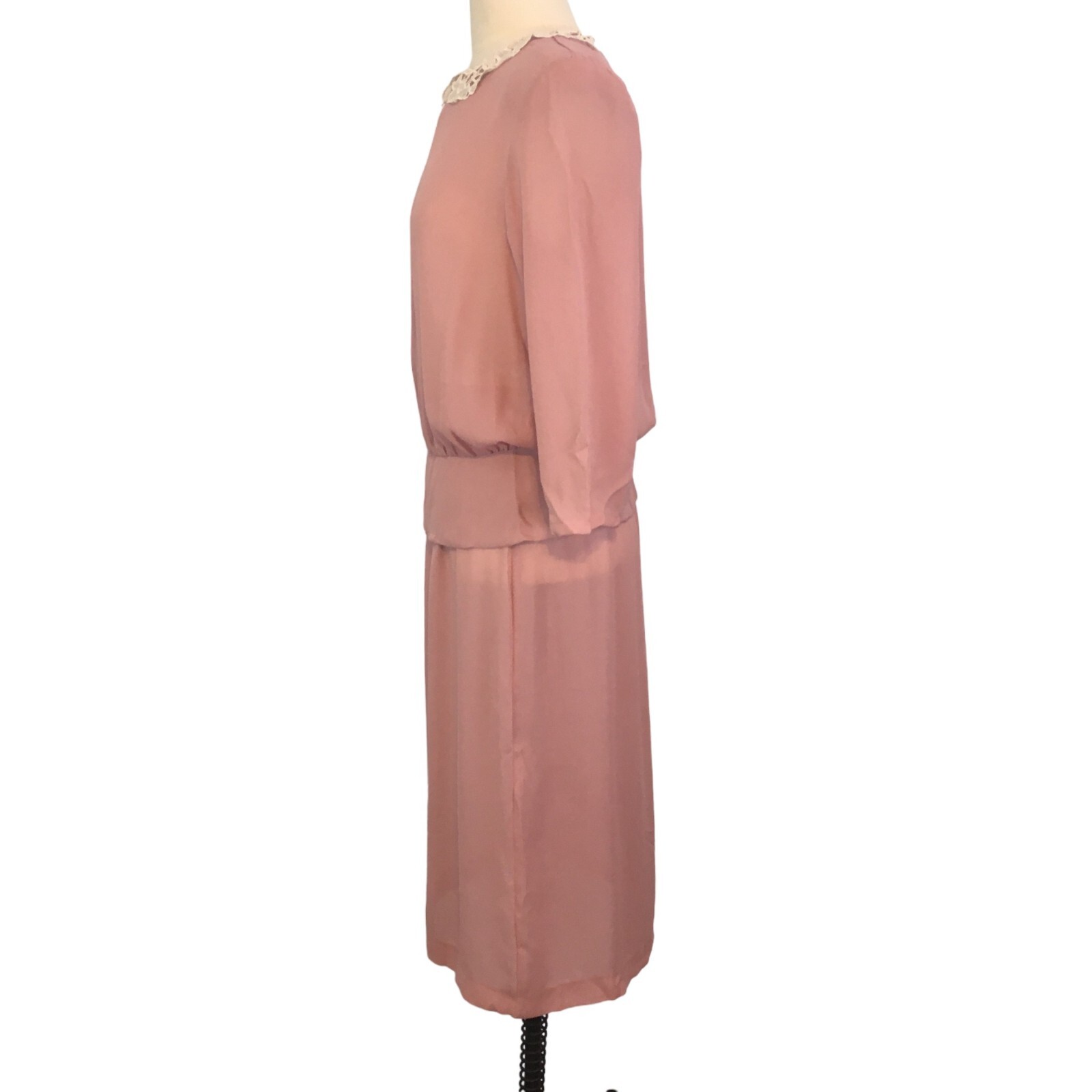 Amy-Deb Vintage 70’s Dusty Pink Sheer 2 pc dress, Lace Collar Cottagecore, sz 12