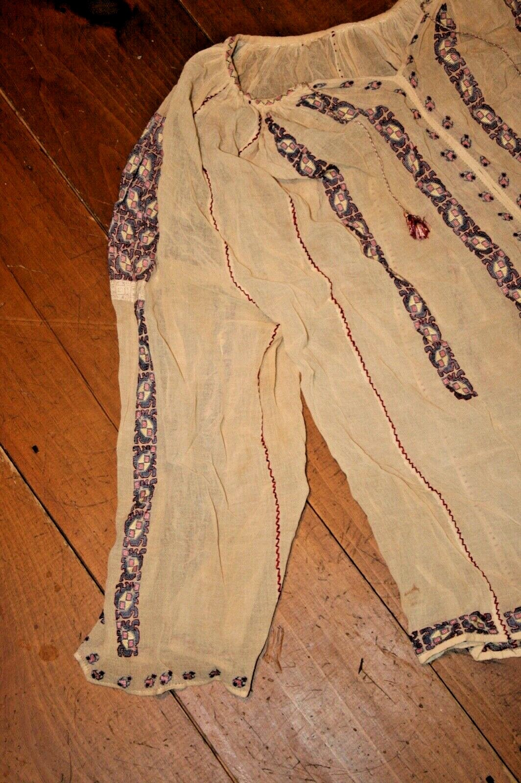 Vtg Silk Embroidered Hungarian Romanian Chiffon Gauze Sheer Peasant Blouse Boho