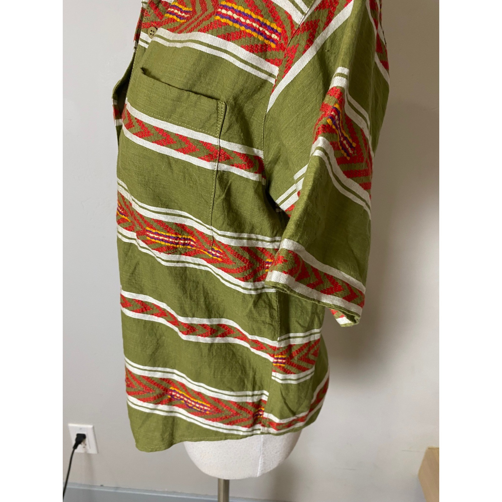 Vintage 1989 Angelique Olive Green Southwestern Woven Cotton Shirt Womens Medium
