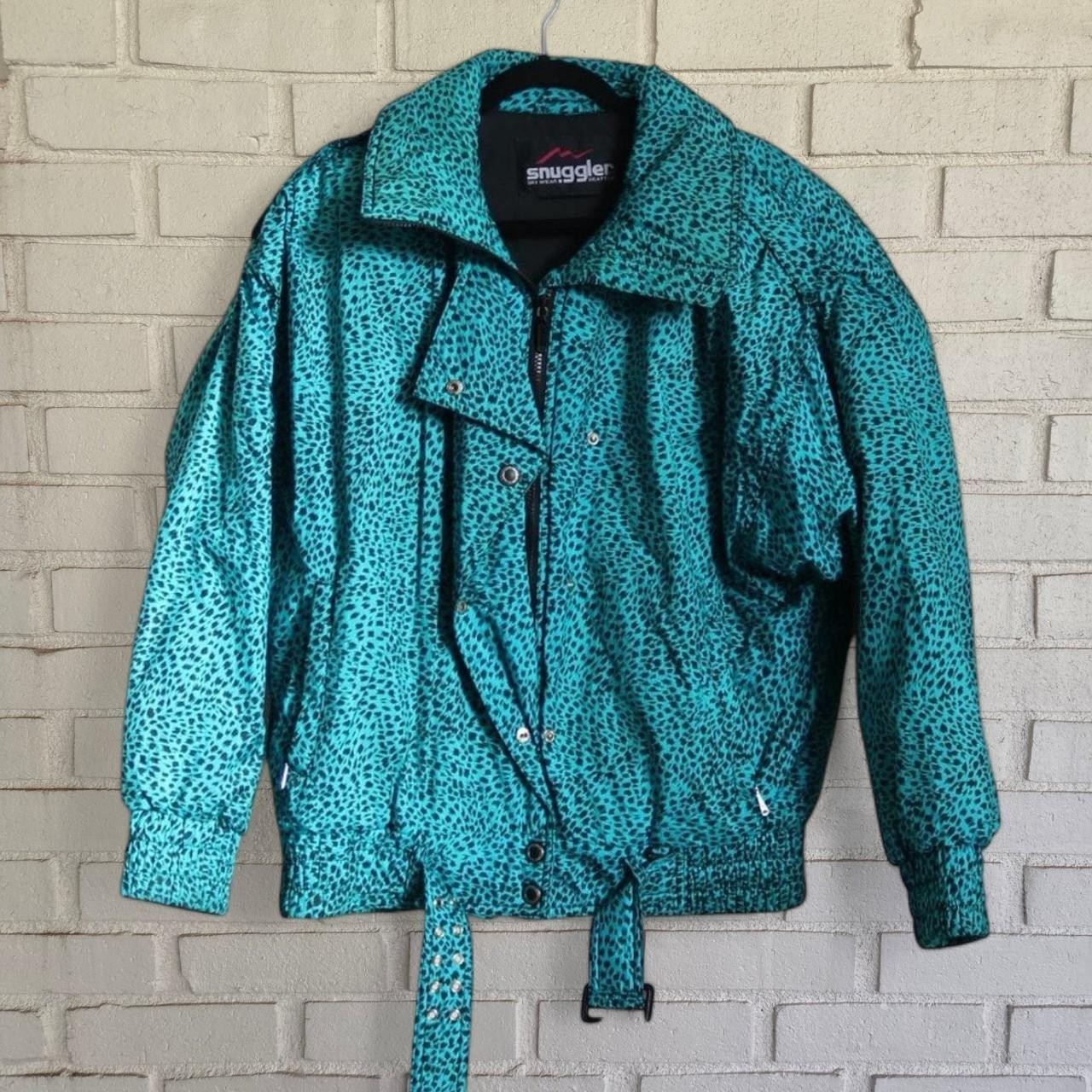 Vtg 80s Snow Coat, Winter, Ski, Turquoise, Black, Cheetah, Leopard, Snugglers