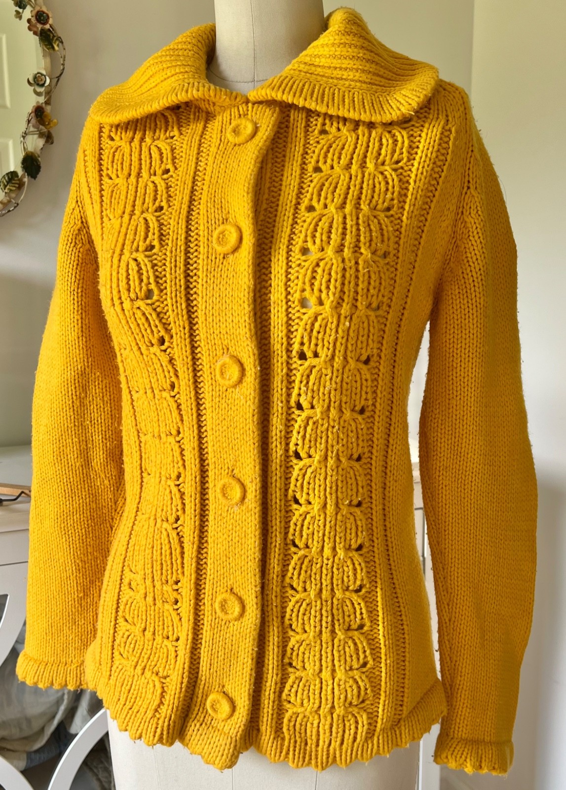 Vintage Hand Knit Mustard Yellow Button Up Sweater Chunky Cardigan