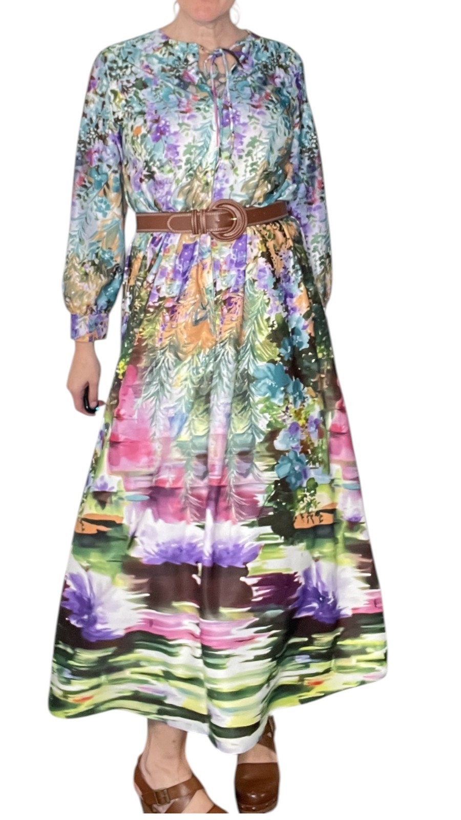 Vintage 1960s Butterfield 8 Maxi Dress Multicolor Watercolor Floral Print LG