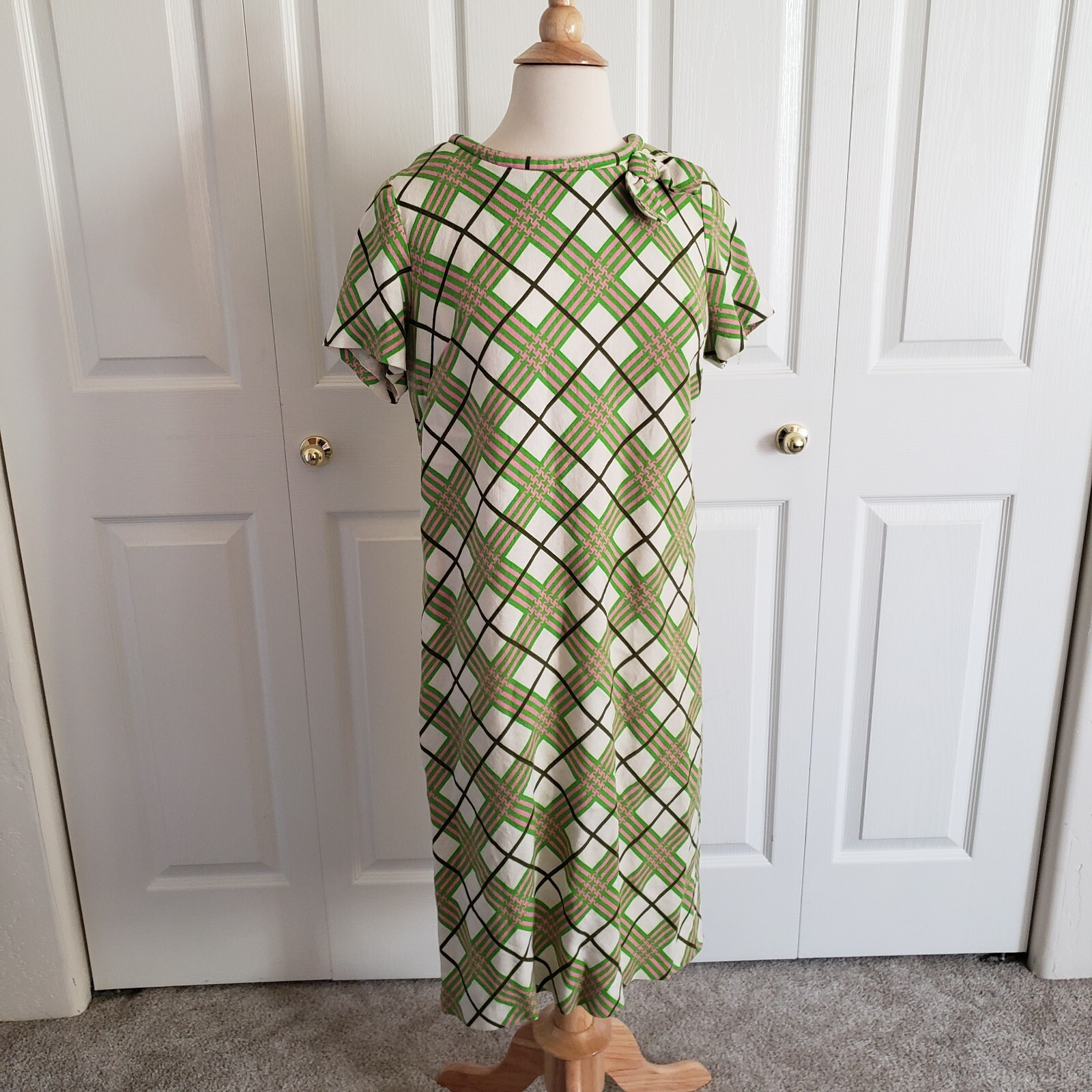 Vintage 1960s Green Pink Mod Shift Dress Argyle M L