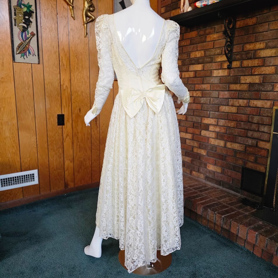 Vtg 80s Victorian Lace Alfred Angelo Illusion White Wedding Puff Dress Gown S