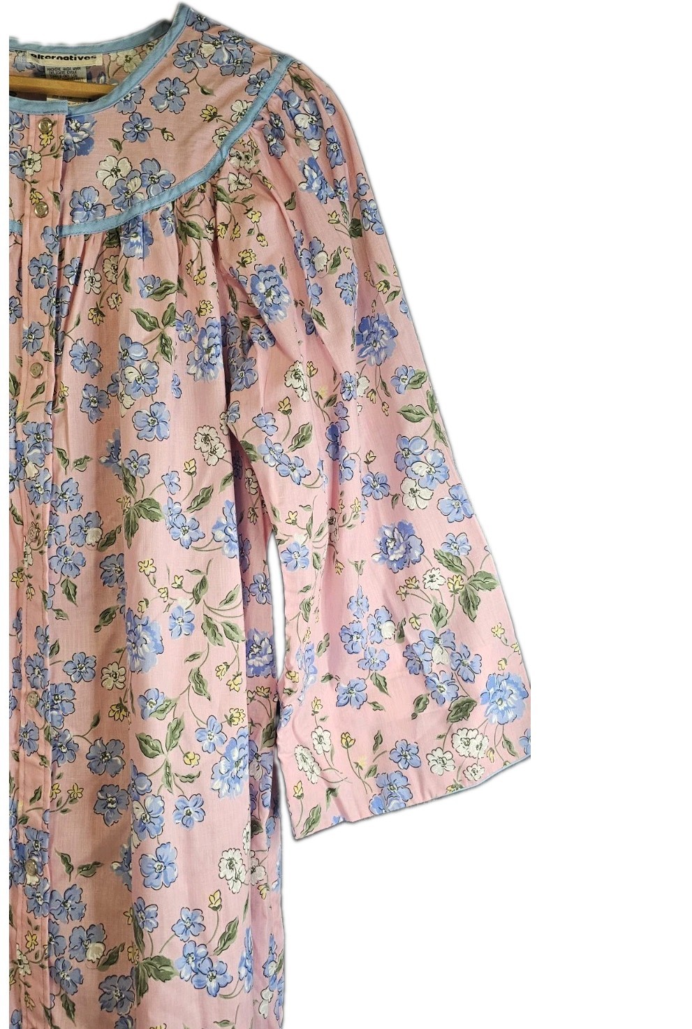 Vintage 80s Alternatives Floral House Dress Pink Blue Button Front USA…