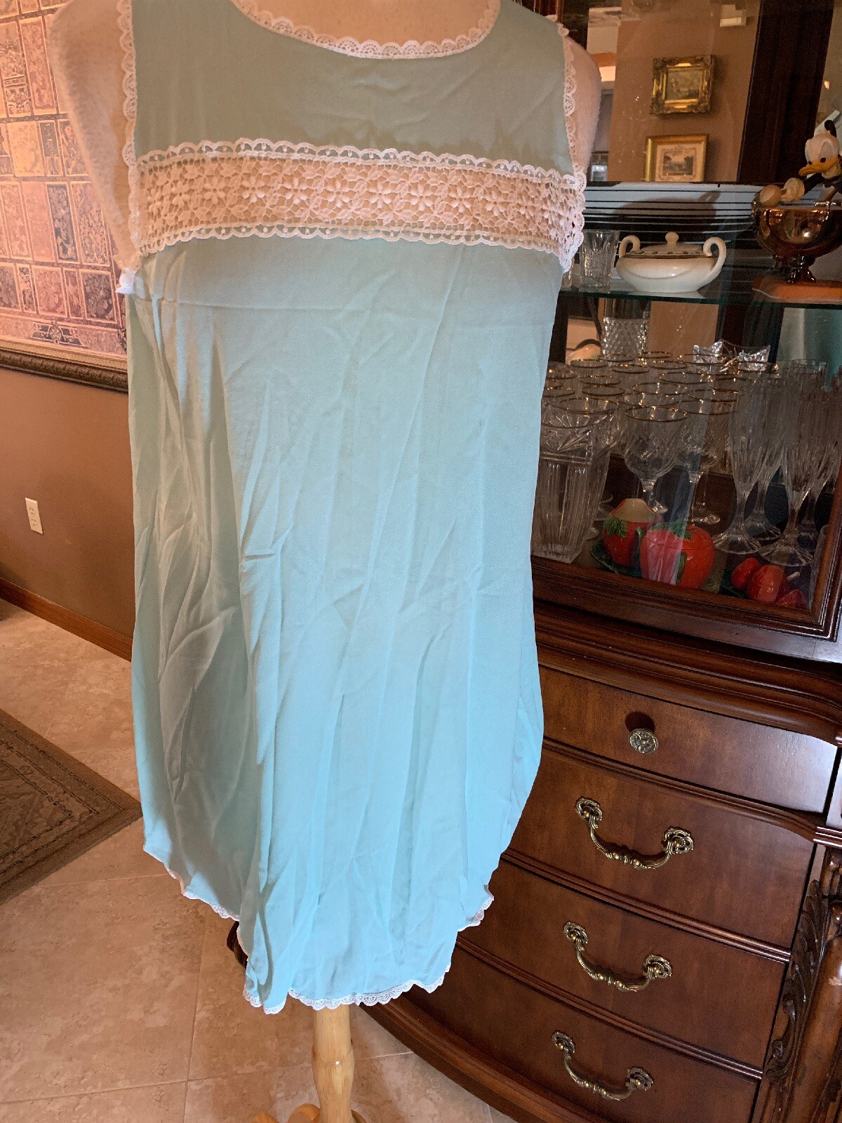 SISSY Slinky NYLON 2 PC NIGHTGOWN & Robe PEIGNOIR SET M Van Raalte Lace 40 Blue