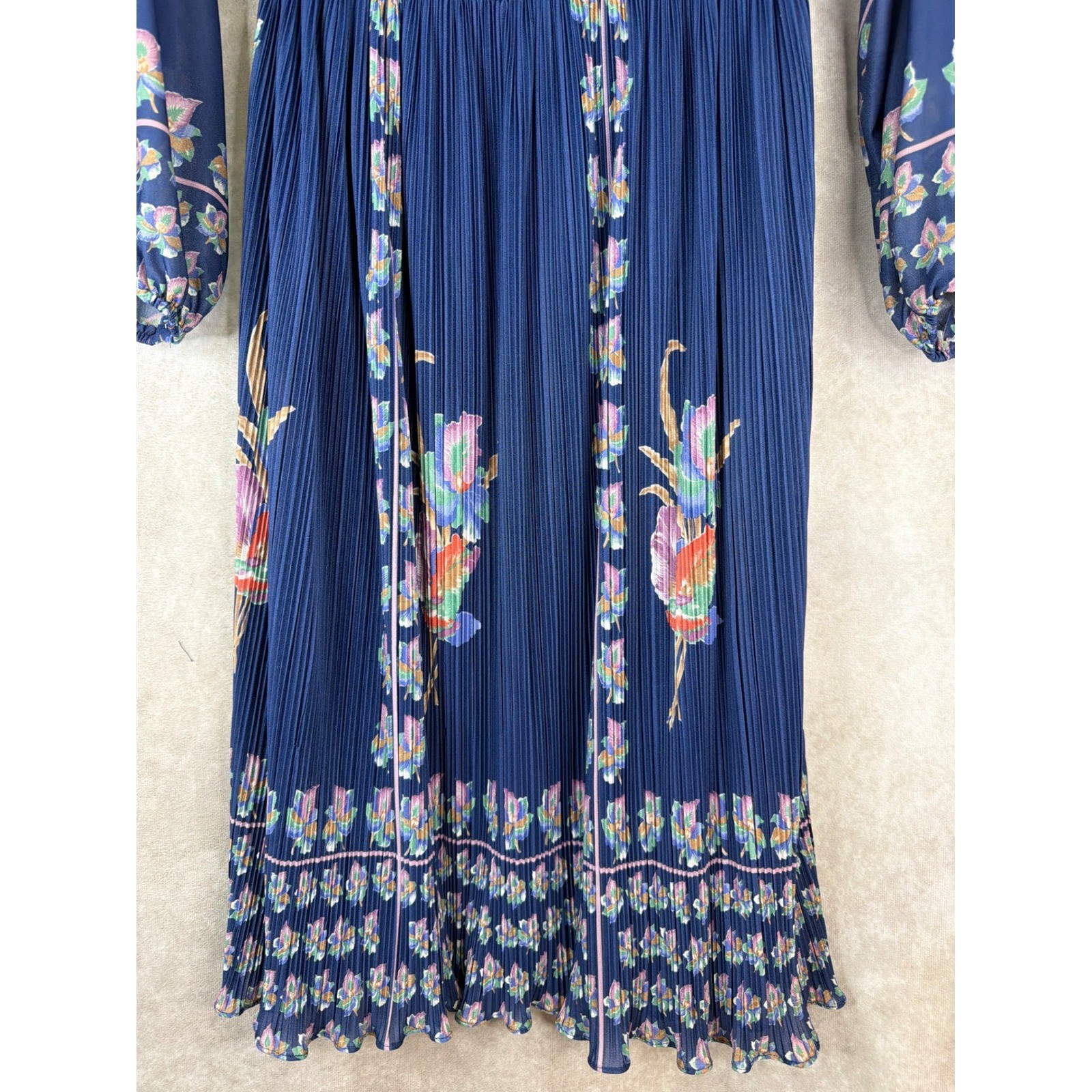 VTG 70s P.C.F. Petites by Hal Reman Dress 12 Navy Blue Floral Pleated Sheer USA