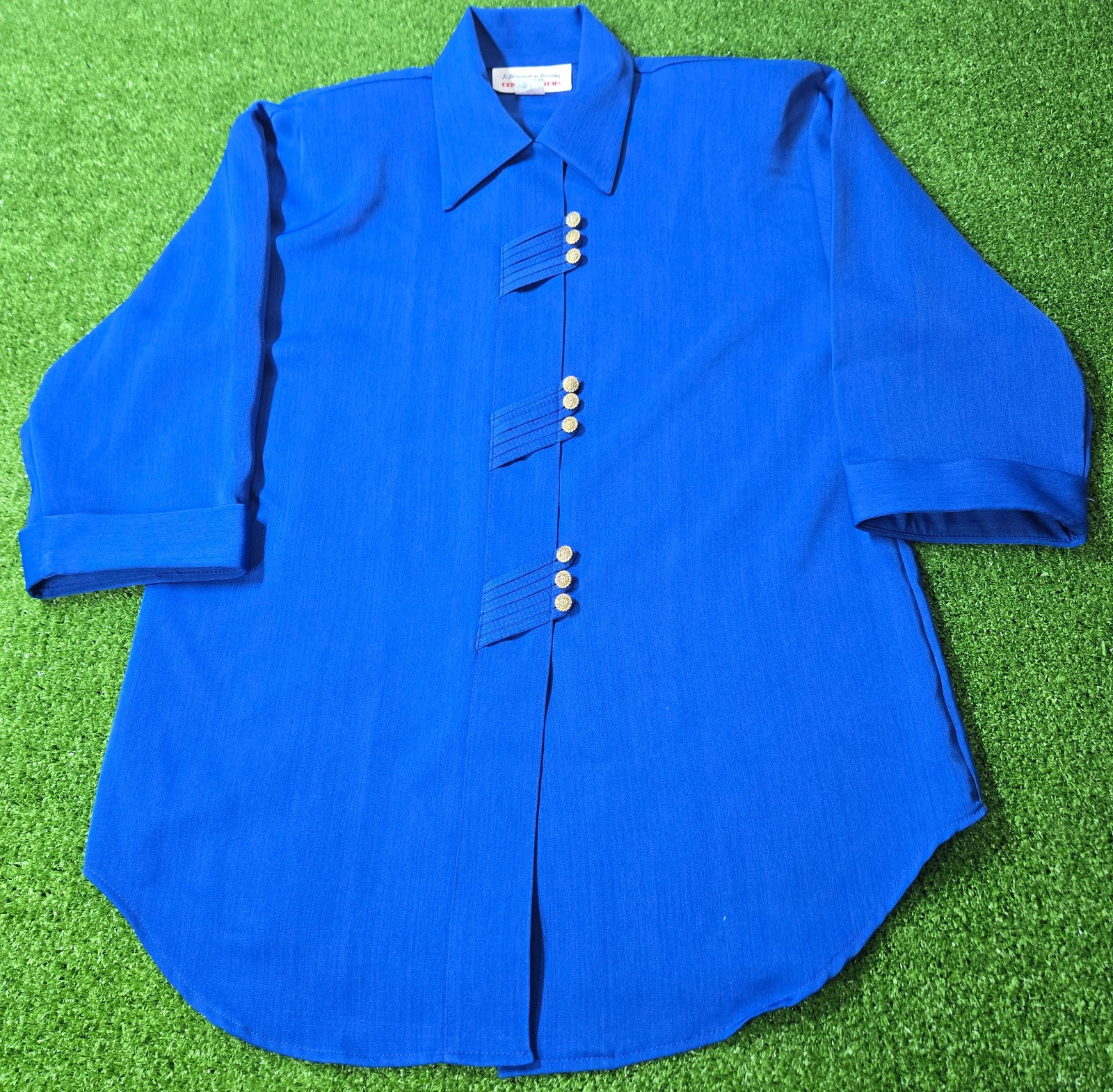 Reina Industries Sz 8 Shirt Top Electric Blue Oriental Button 3/4 Cuffed Sleeve
