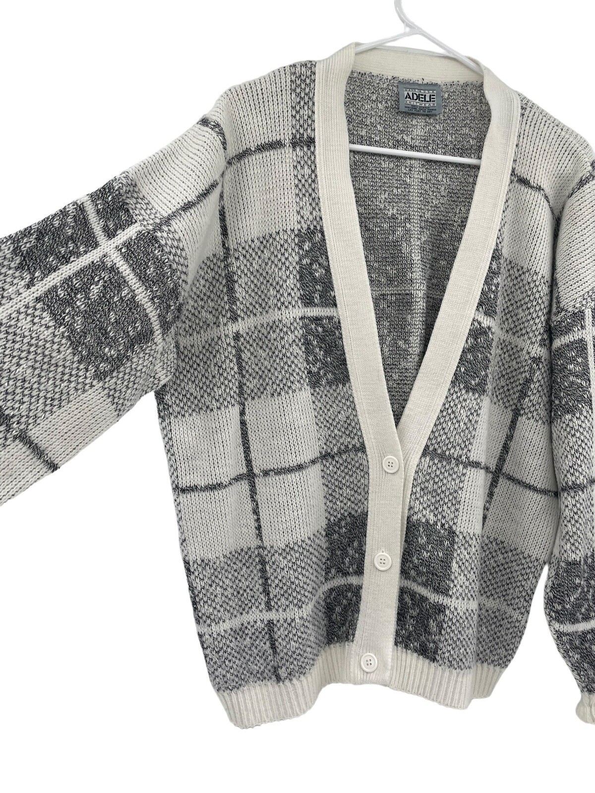 Vintage 80s Adele Knitwear Cardigan Size Large Grannycore Plaid Sweater USA