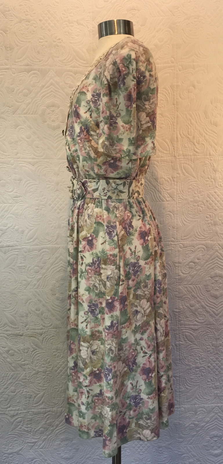 Vintage Champagne West Grannycore pearl button lace floral dress sz 12