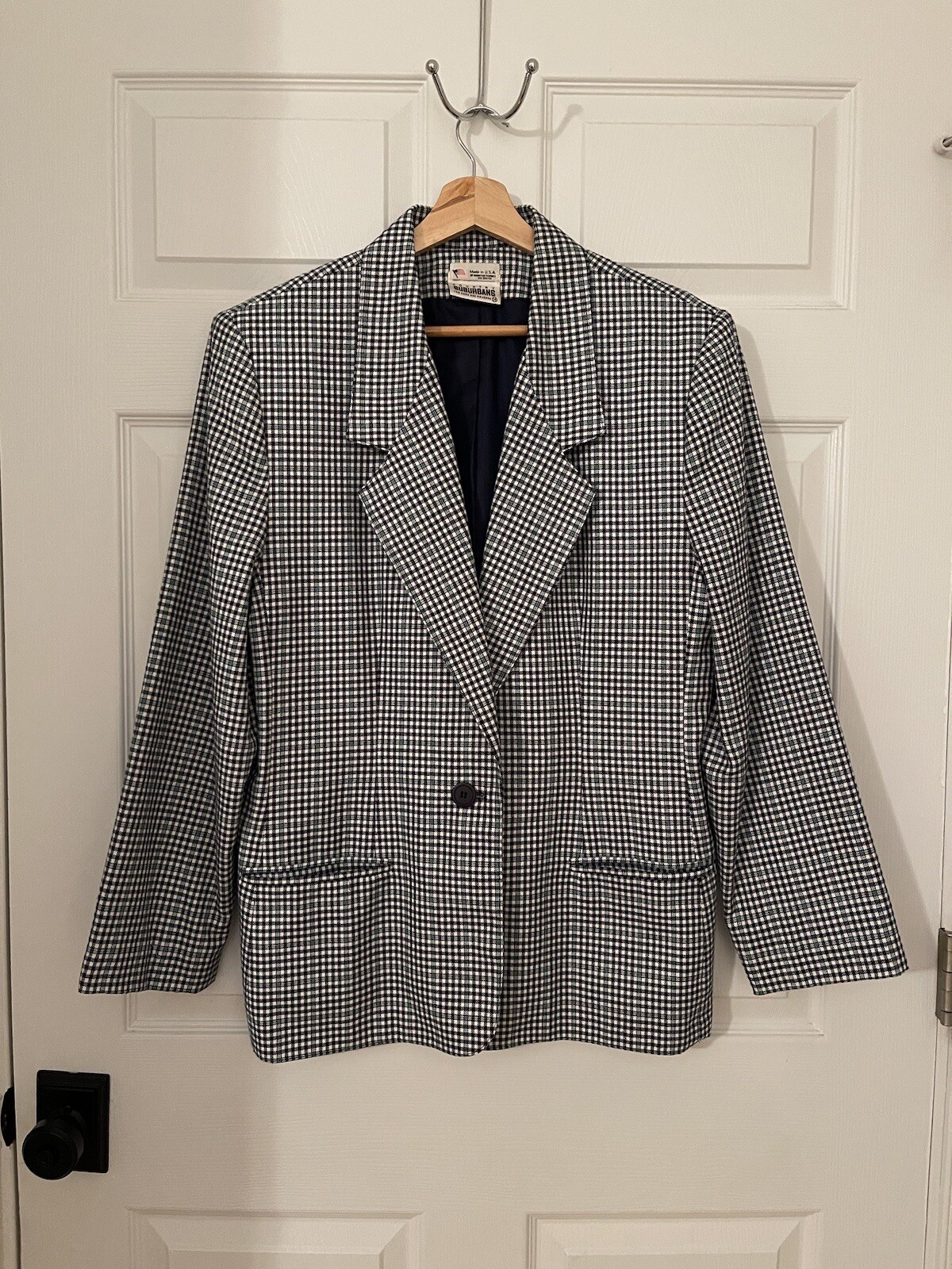 Country Suburban Vintage 90’s Plaid Womens L (14 ) Boxy Blazer Blue Green White