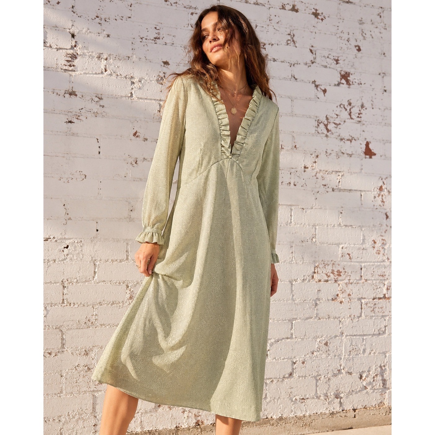 Vintage 70s Handmade Microdot Sage Green Ruffle Empire Midi Dress Cottagecore L