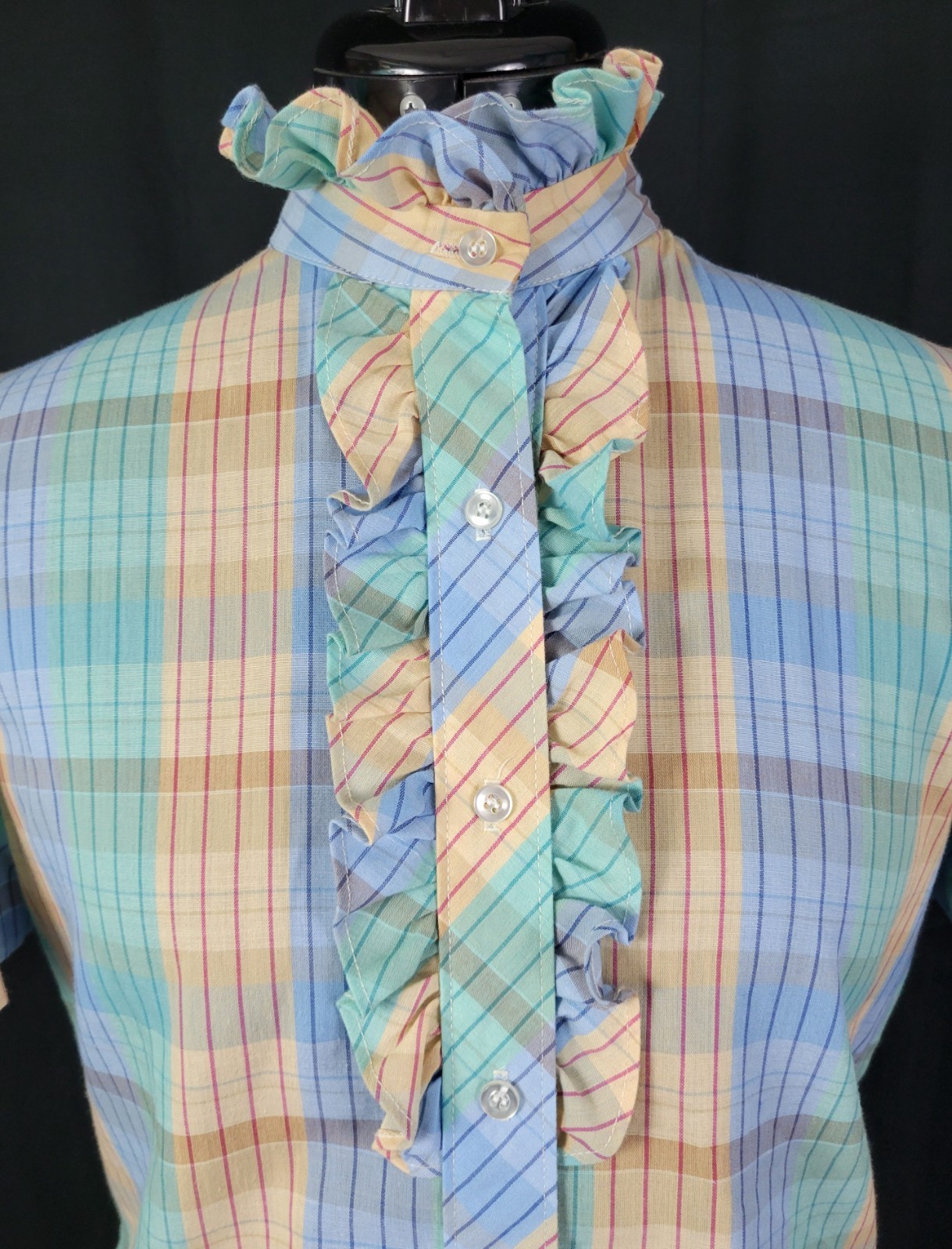 Vtg Lucky Winner Peach/Mint/Blue Plaid Top w Ruffled Collar Size 11/12