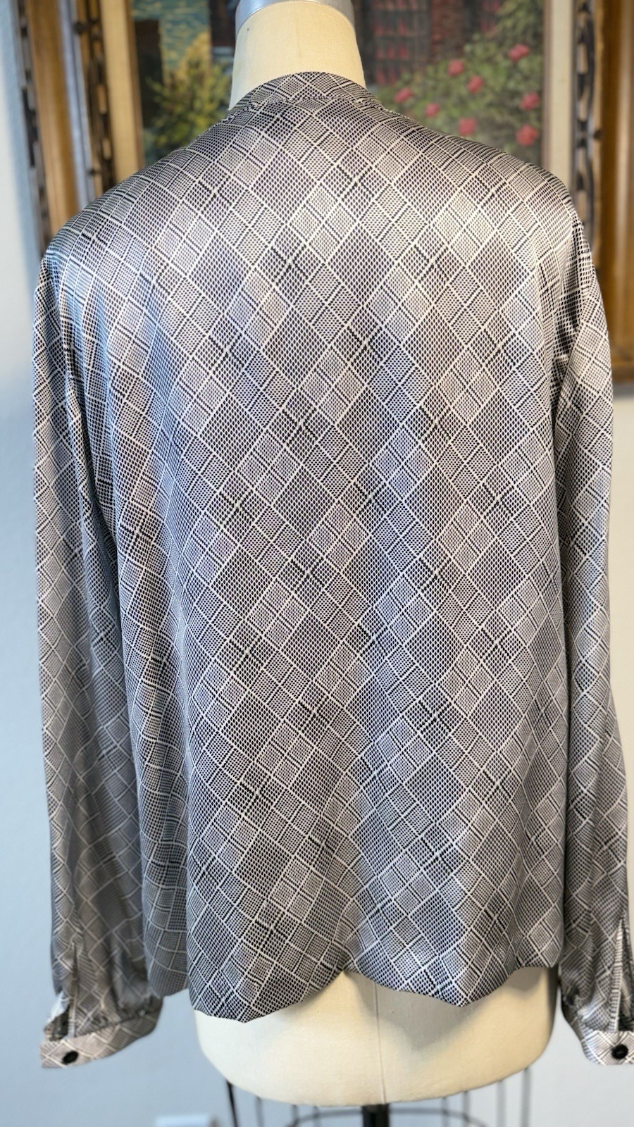 Saks Fifth Ave Folio Collection Silk Long-Sleeve Houndstooth Blouse Sz L