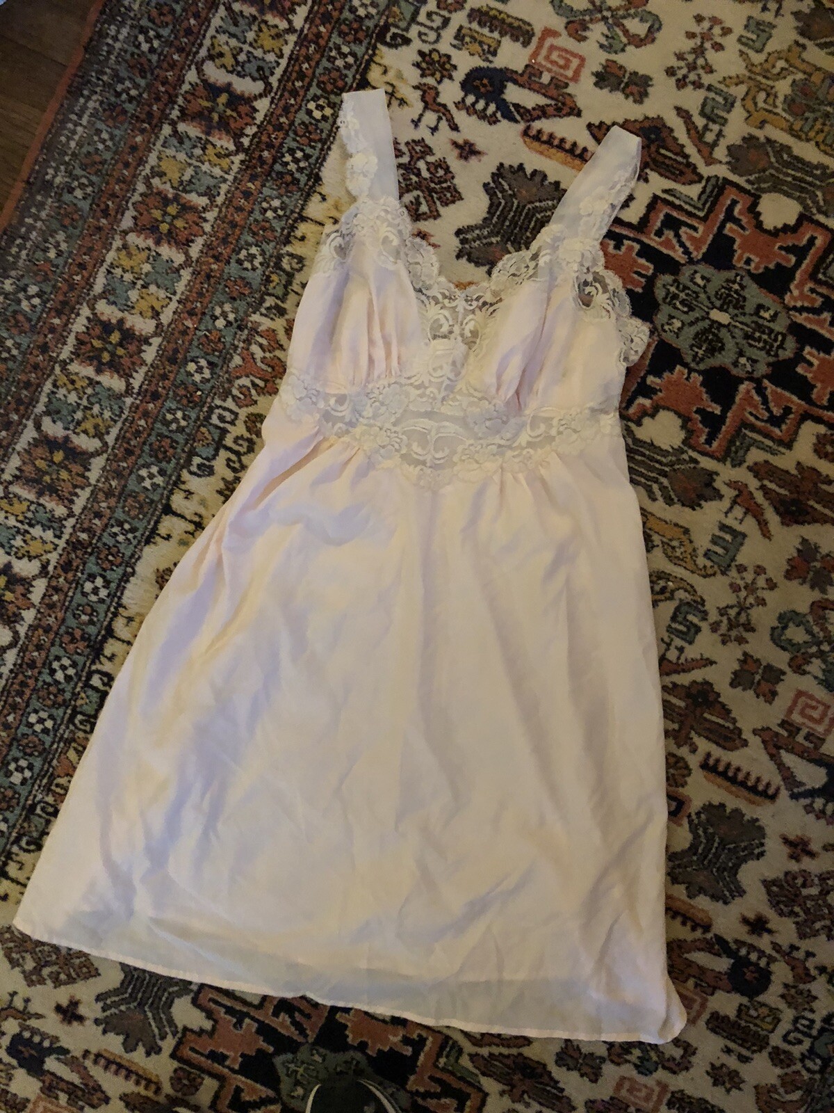 Vintage Yolande Slip Nightgown Pink Lace Medium