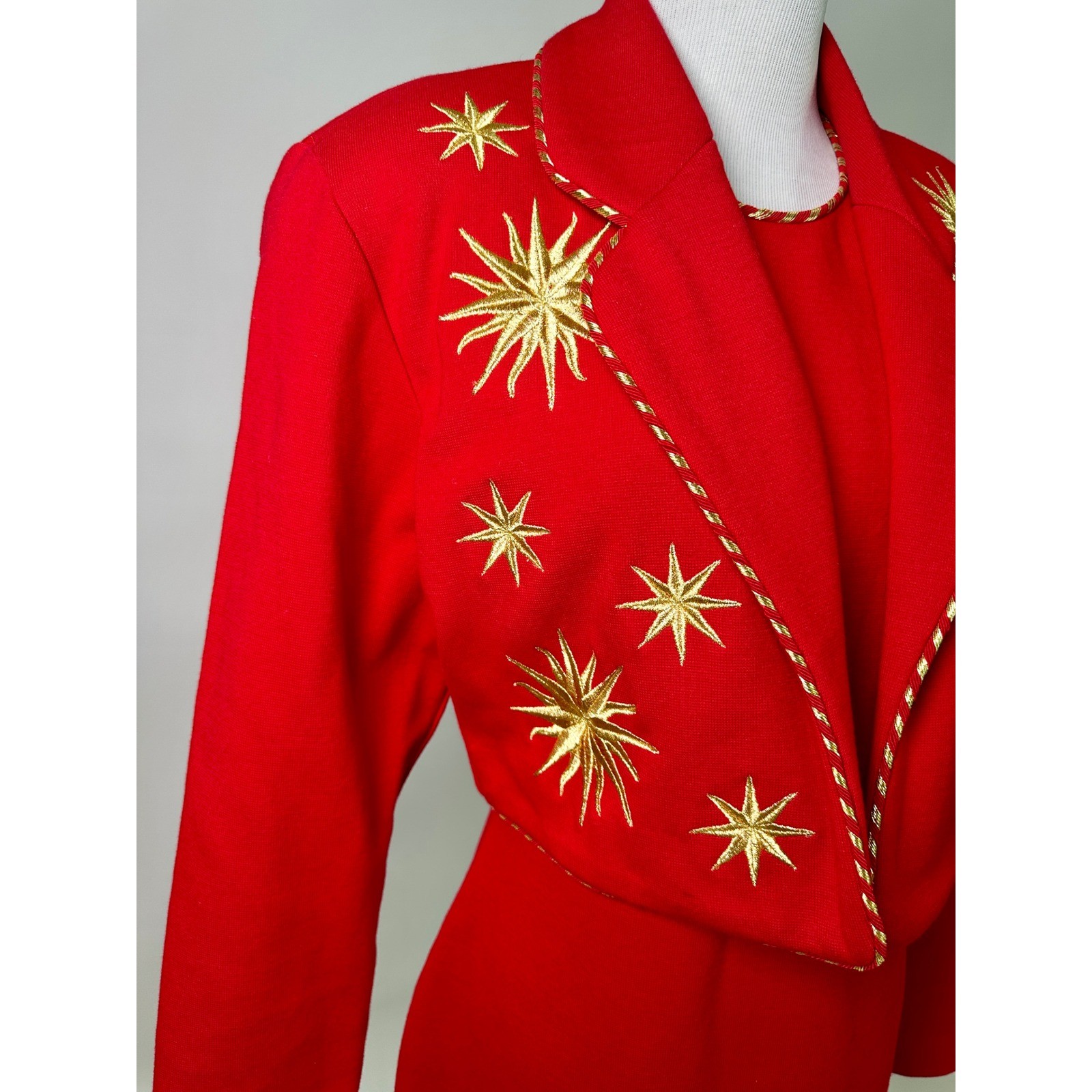 Vintage Andrea Jovine 80s Dress Jacket Set Red Gold Star Embroidery Western Glam