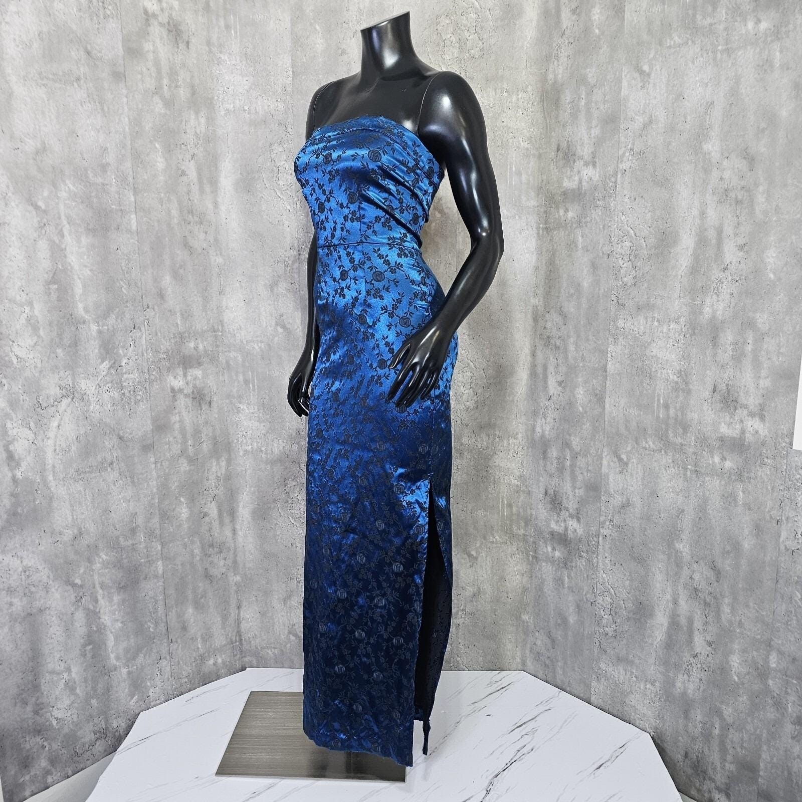 Vintage 90s L.A. Glo S Blue Black Floral Brocade Strapless Maxi Dress USA