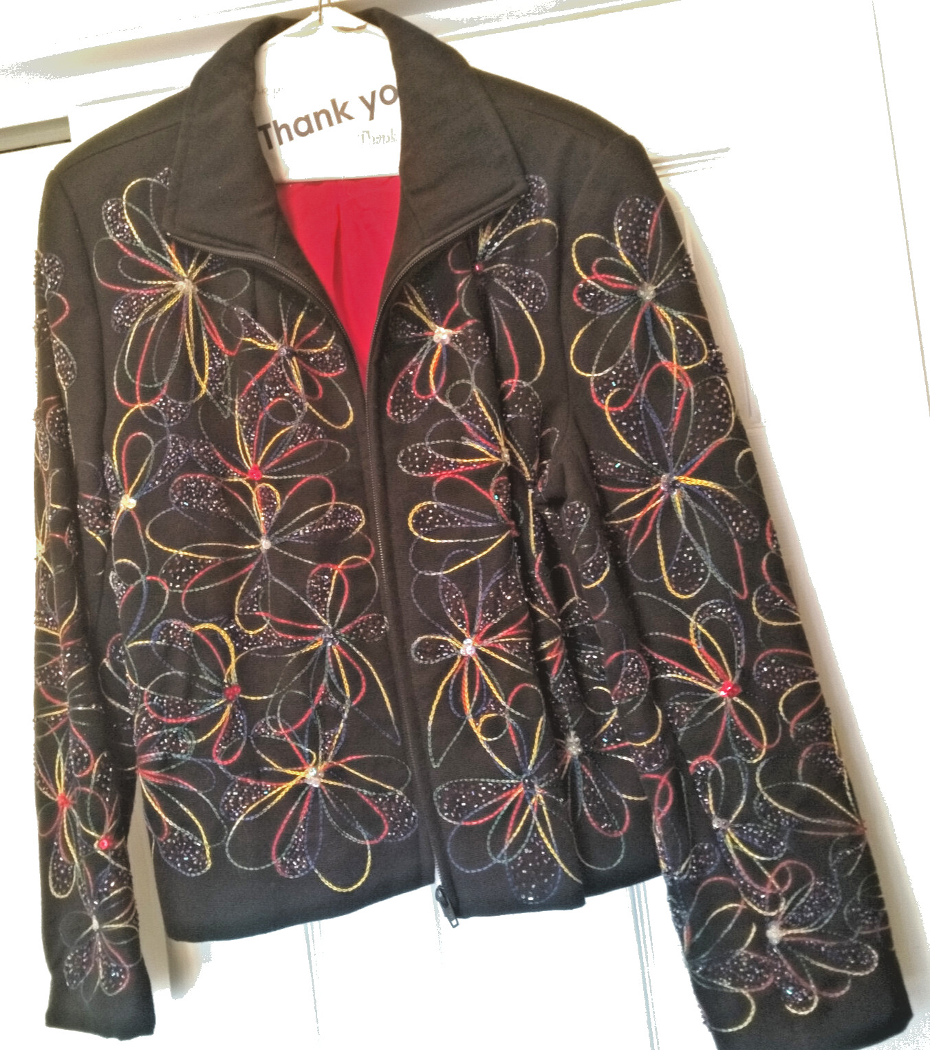 Vtg 90s Anage size L Black Cotton Pinwheels Emb Beaded Sequins Jacket Zip MW42