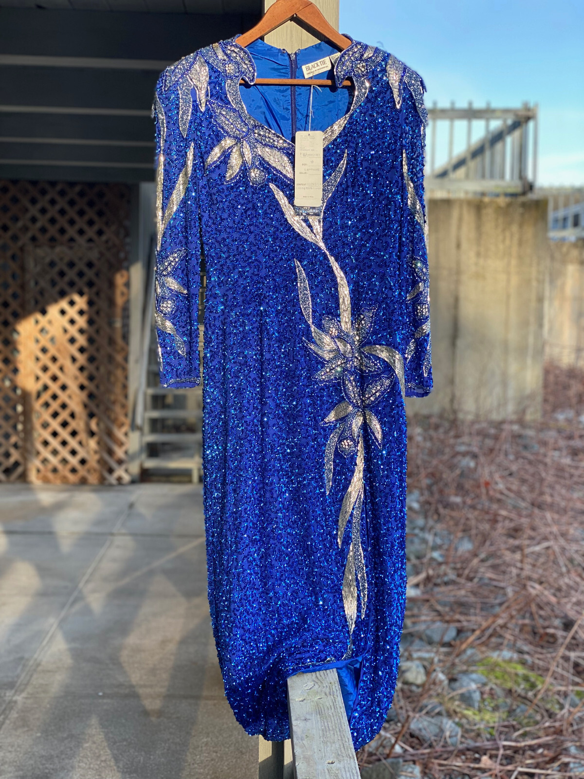 NOS Vintage Oleg Cassini Sapphire Silk Sequin Full Length Dress Size 10 w/ tags