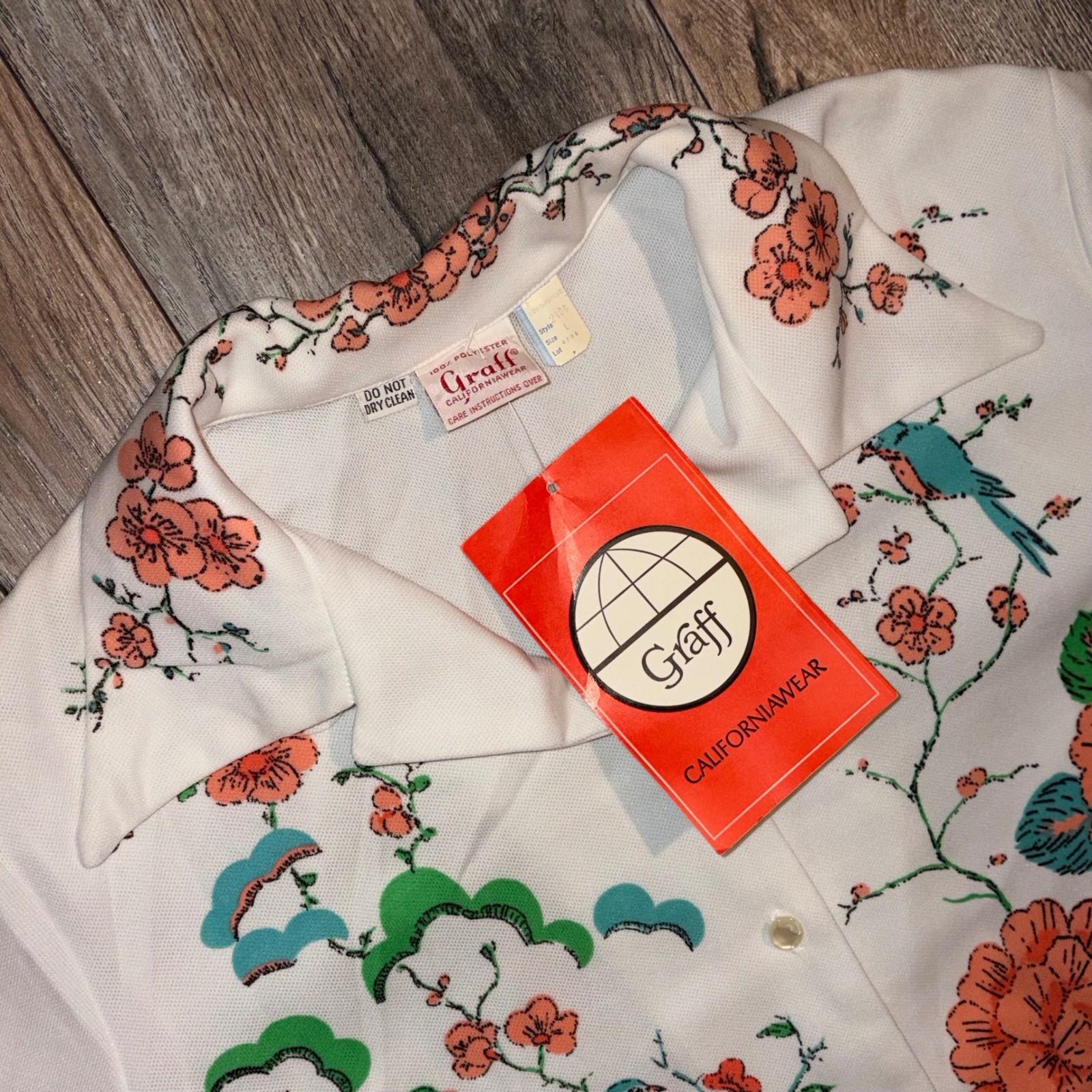 NWT Vintage Graff Californiawear Floral Bird Chinoiserie Button Up Top Large