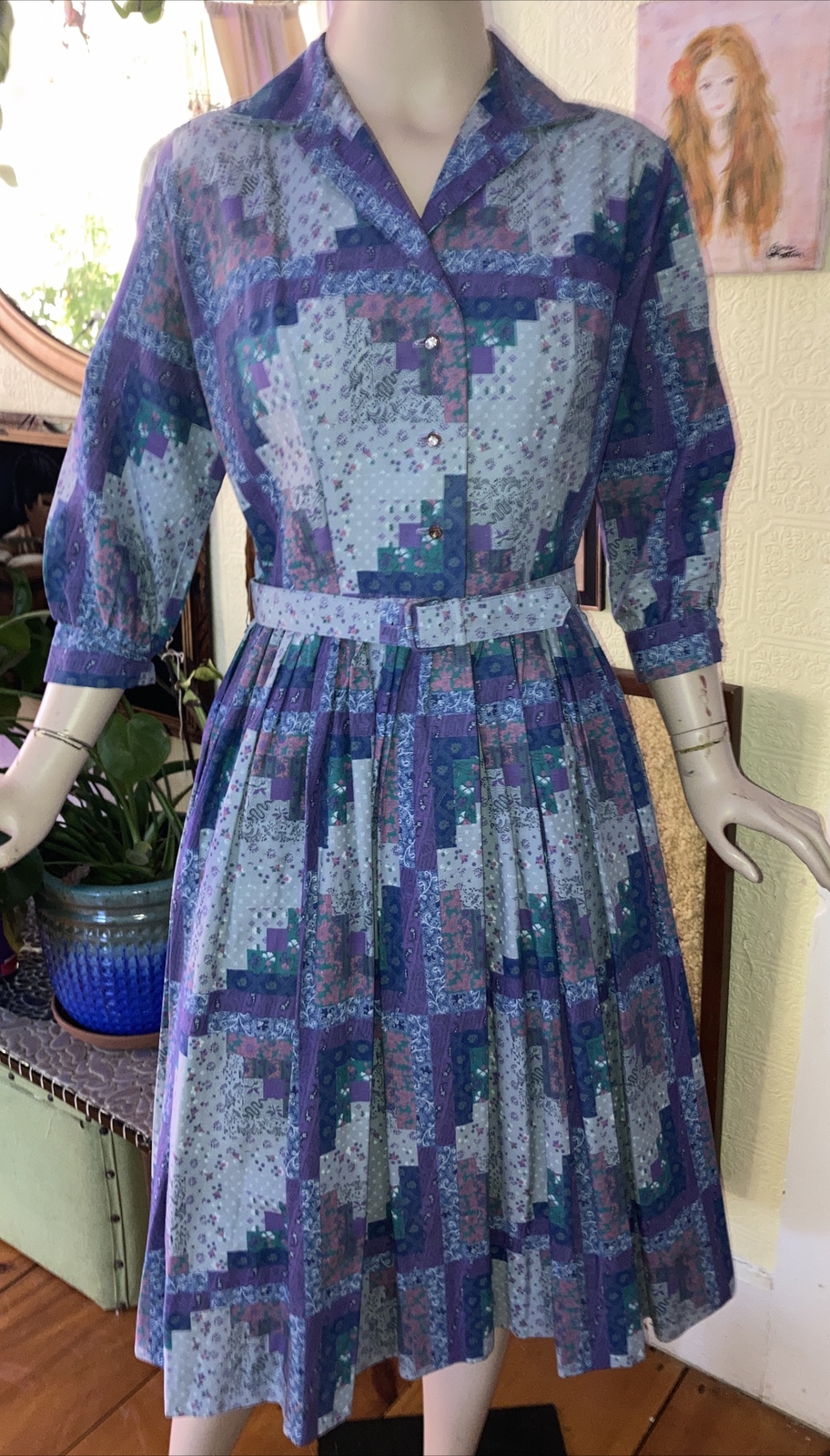 Vintage 50s 60s kay windsor Purple Quilt dress Belt Pinup Rockabilly VLV cotton