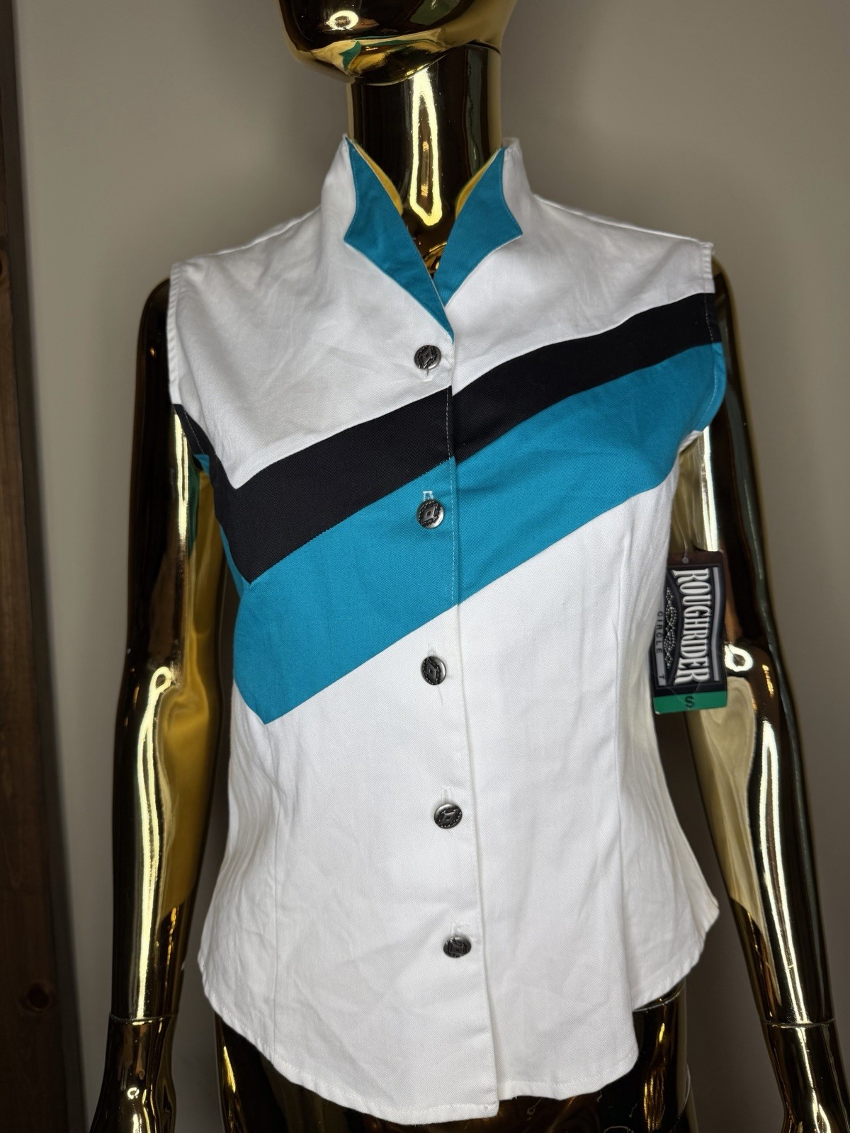 Vtg Roughrider by Circle T Western Sleeveless Shirt Vest Teal Colorblock NWT S